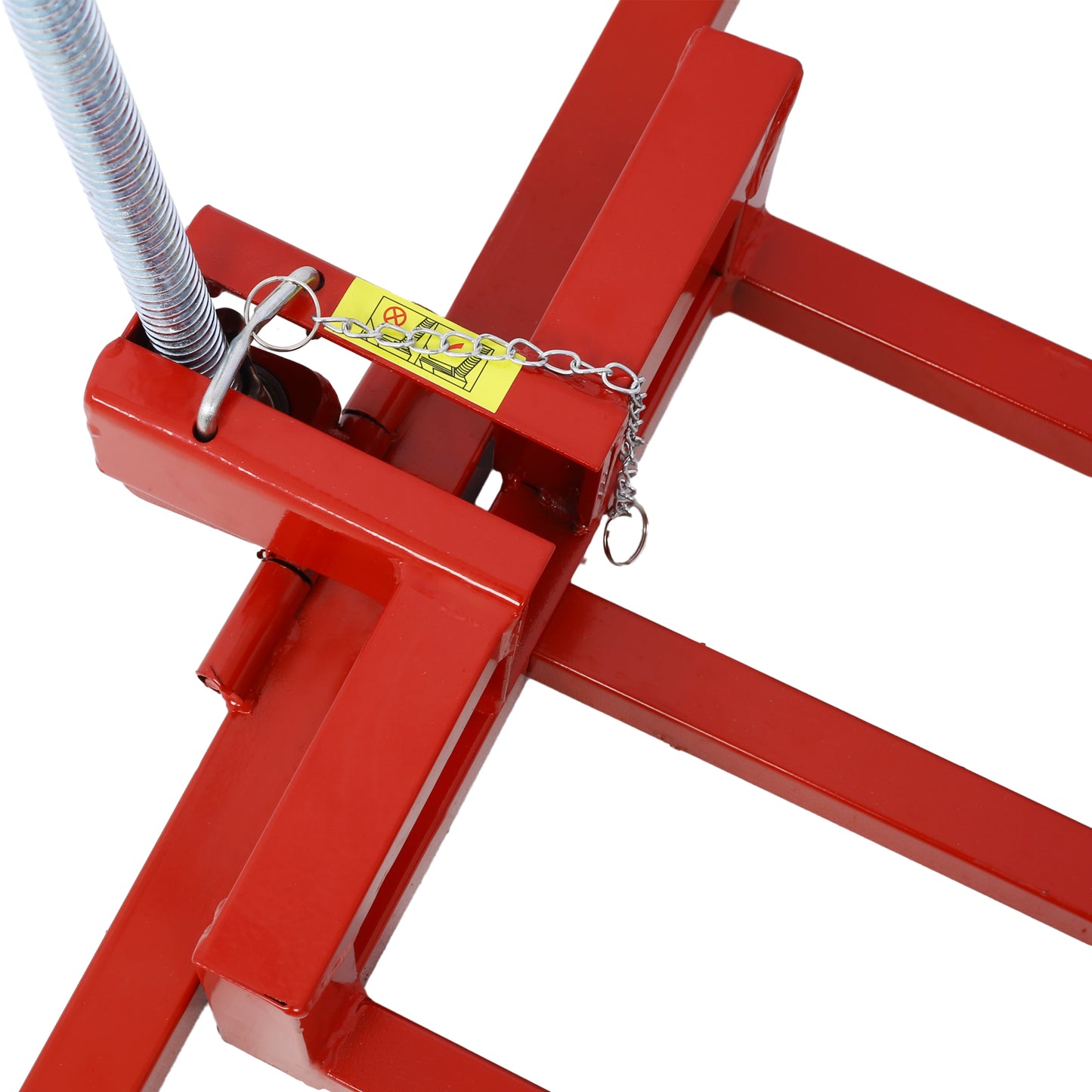 Red metal jack stand with springloaded mechanism and safety chain for secure vehicle support