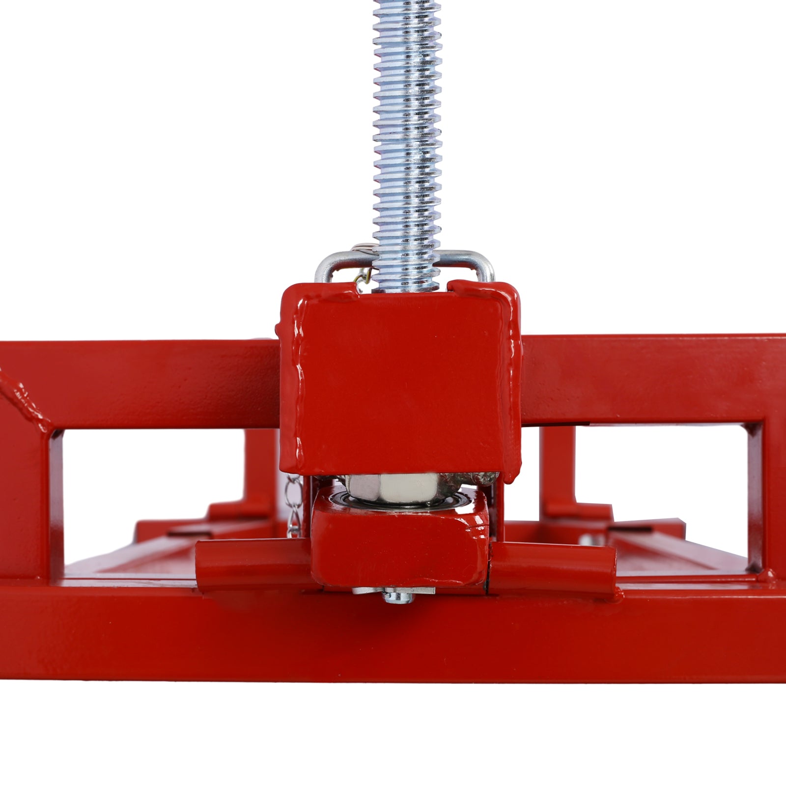 Red steel vise mechanism with threaded screw and bolt assembly