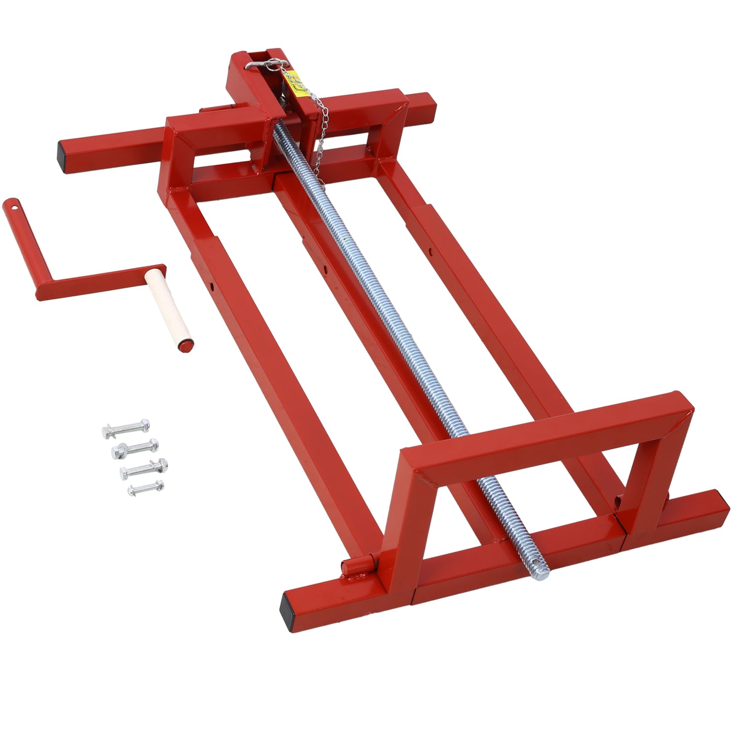 Red metal tire changer tool with crank and bolts for easy tire removal