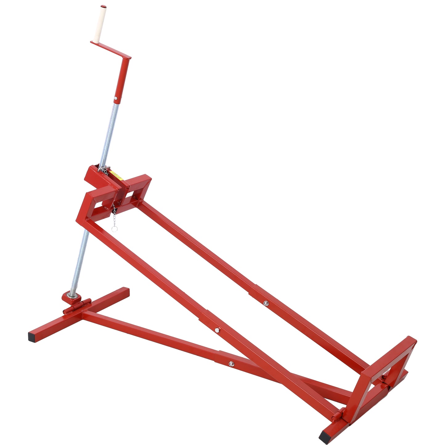 Red metal engine hoist stand with a crank for adjusting height ideal for garage repairs