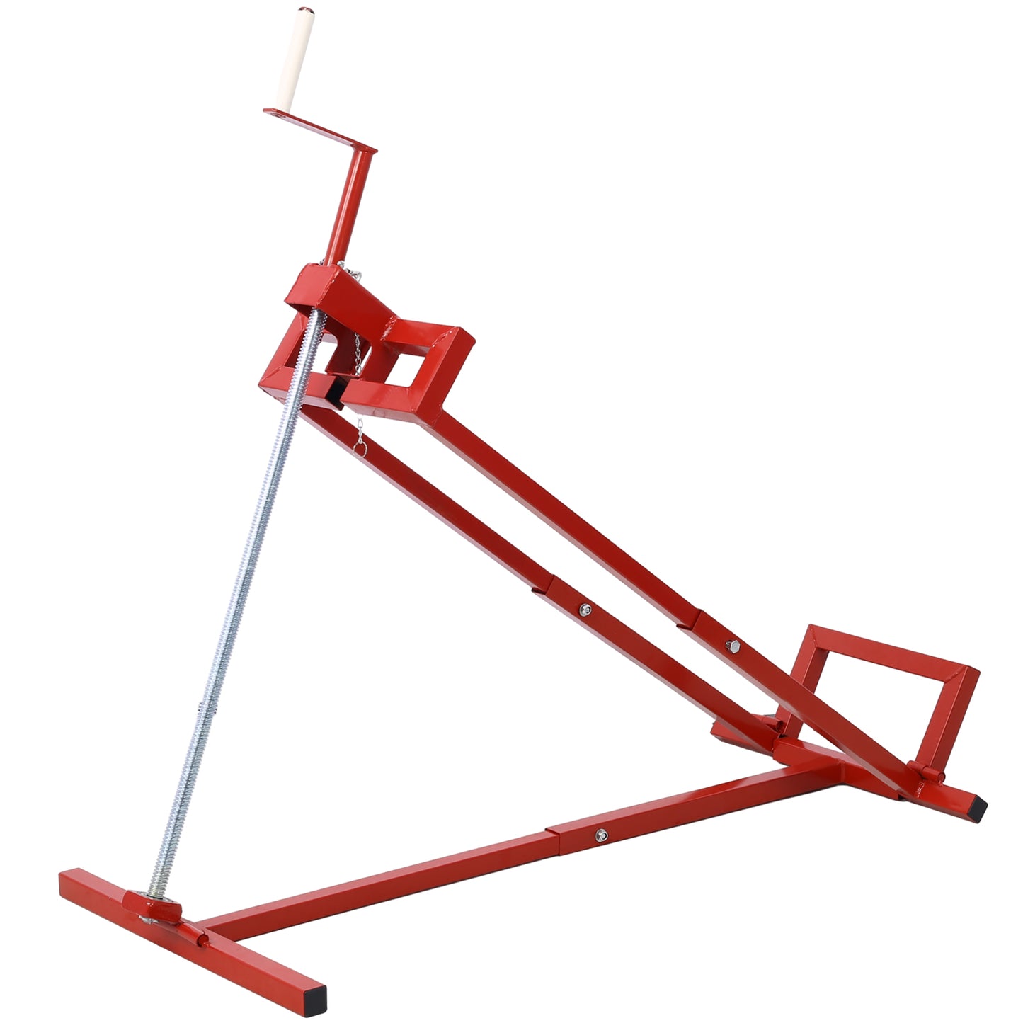 Red metal motorcycle jack with crank handle and screw mechanism