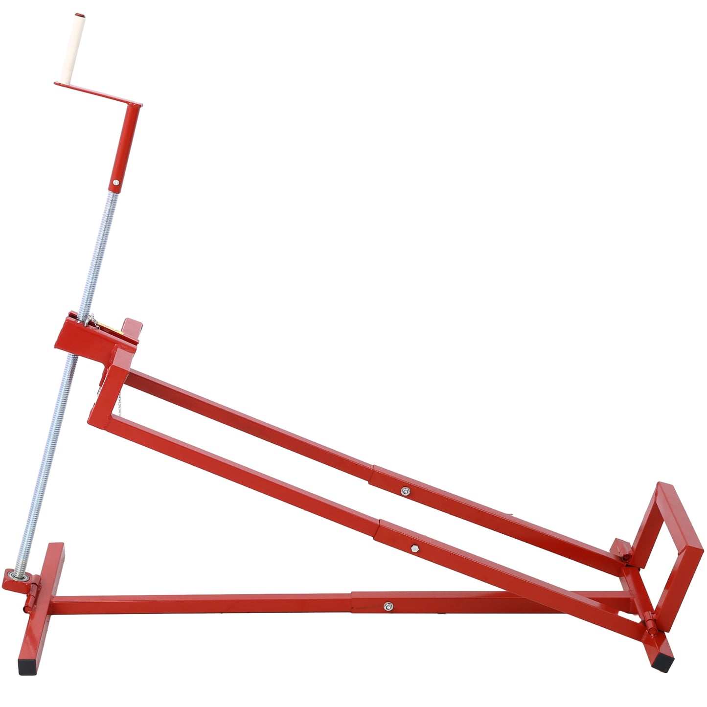 Red metal jack stand with crank mechanism and spring support