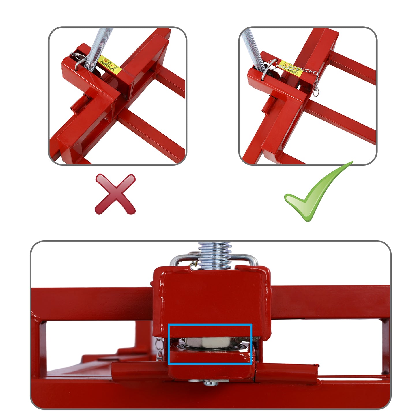 Red steel spring mechanism on a jack stand attachment for safe placement