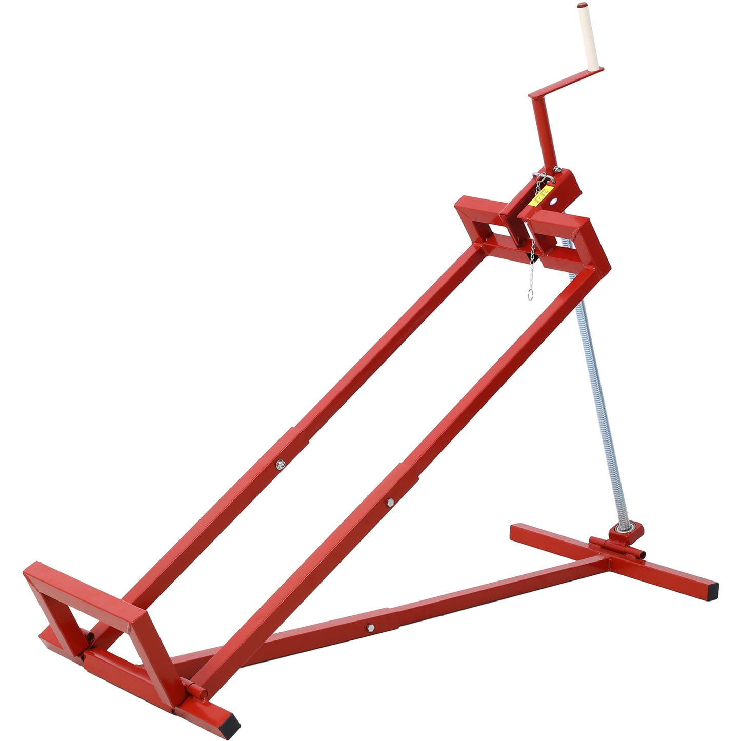 Red metal boat trailer jack stand with crank for secure boat storage
