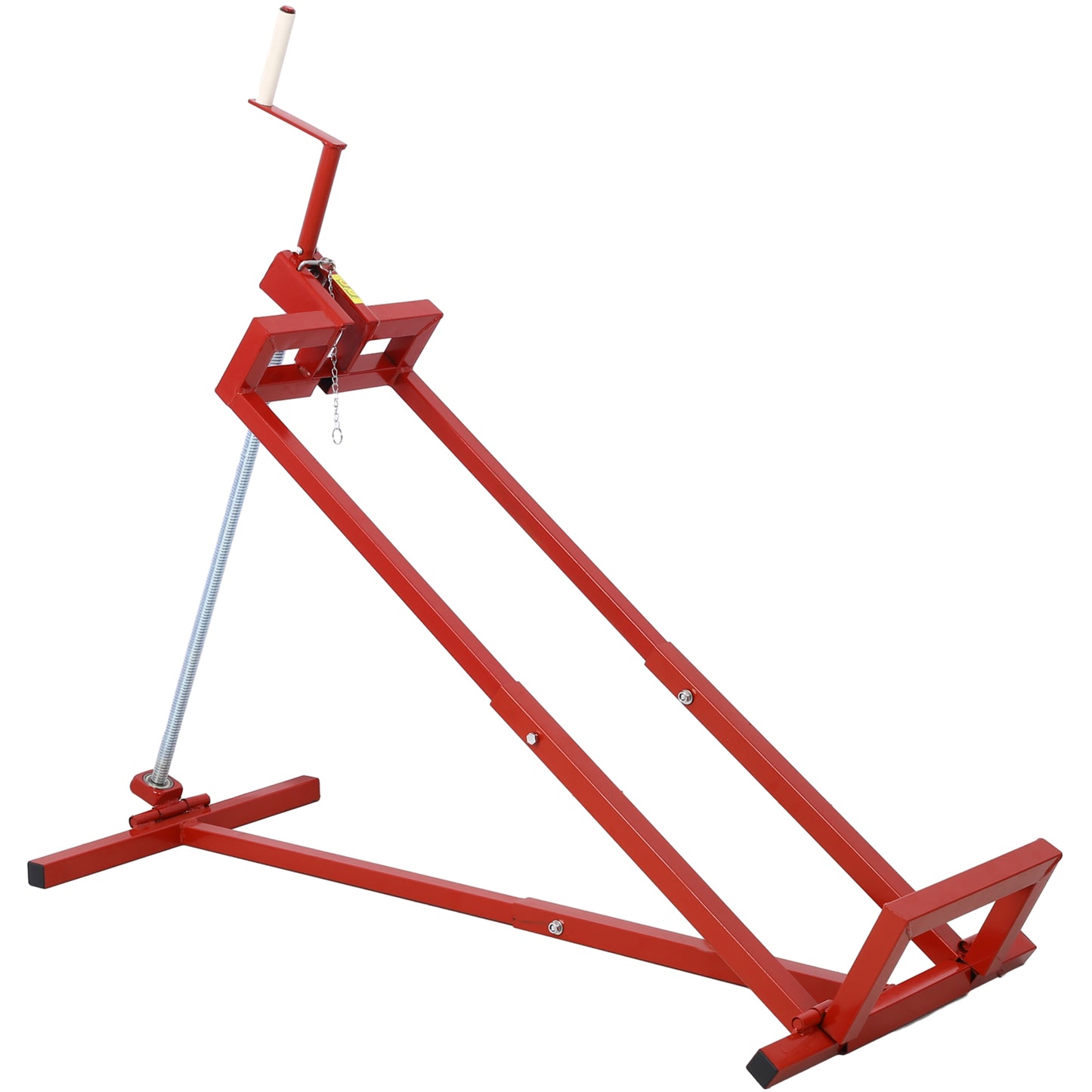 Red metal tire changer with crank and spring mechanism for vehicle maintenance