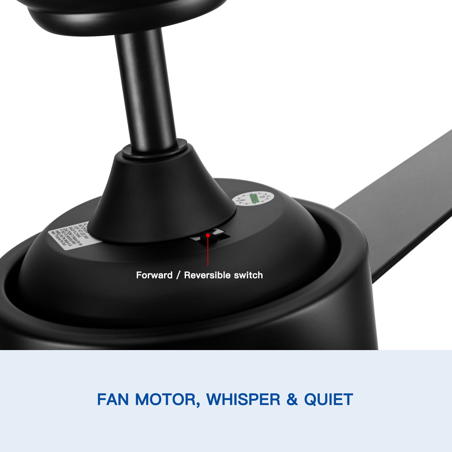 Black ceiling fan motor with a redtipped forwardreversible switch
