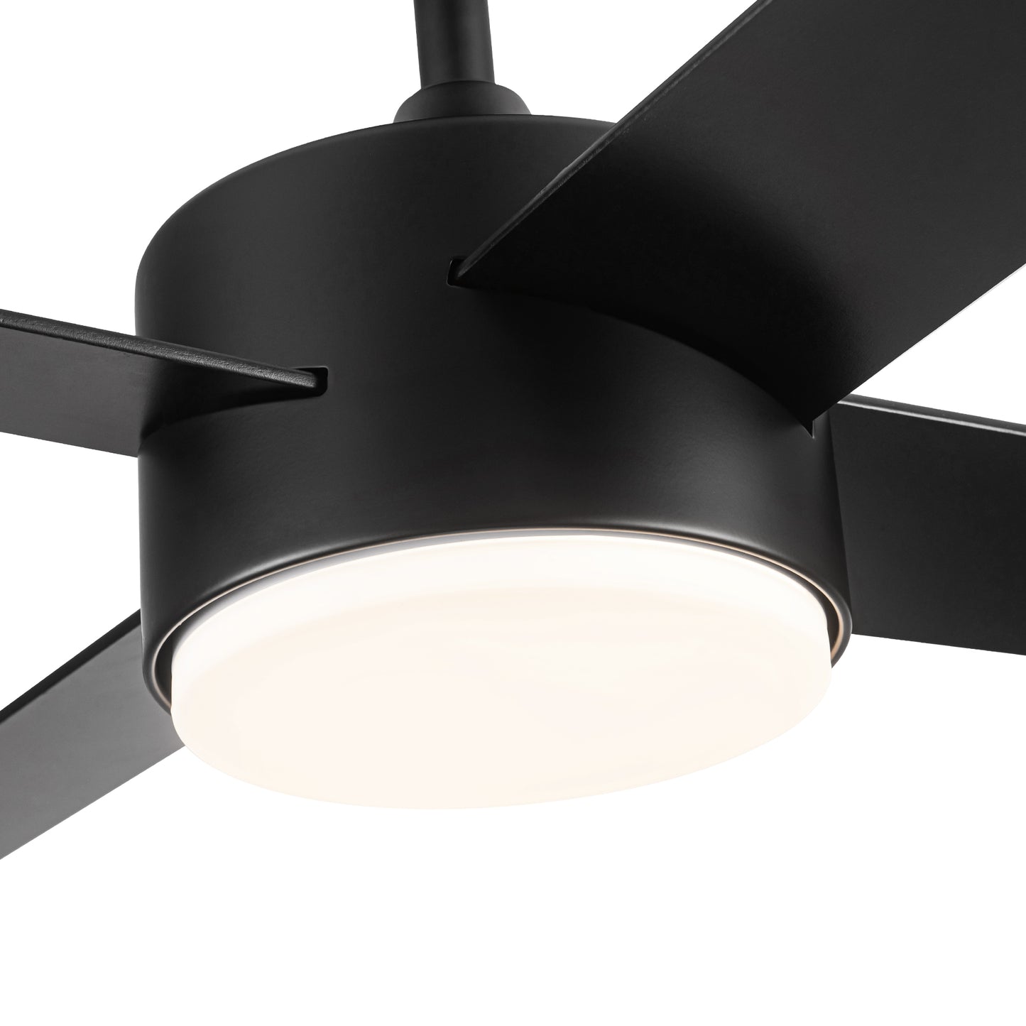 Closeup of a modern black ceiling fan with integrated LED light