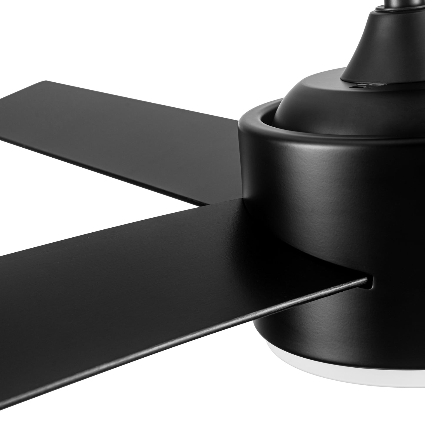 Close up of a modern black ceiling fan with sleek blades and a matte finish