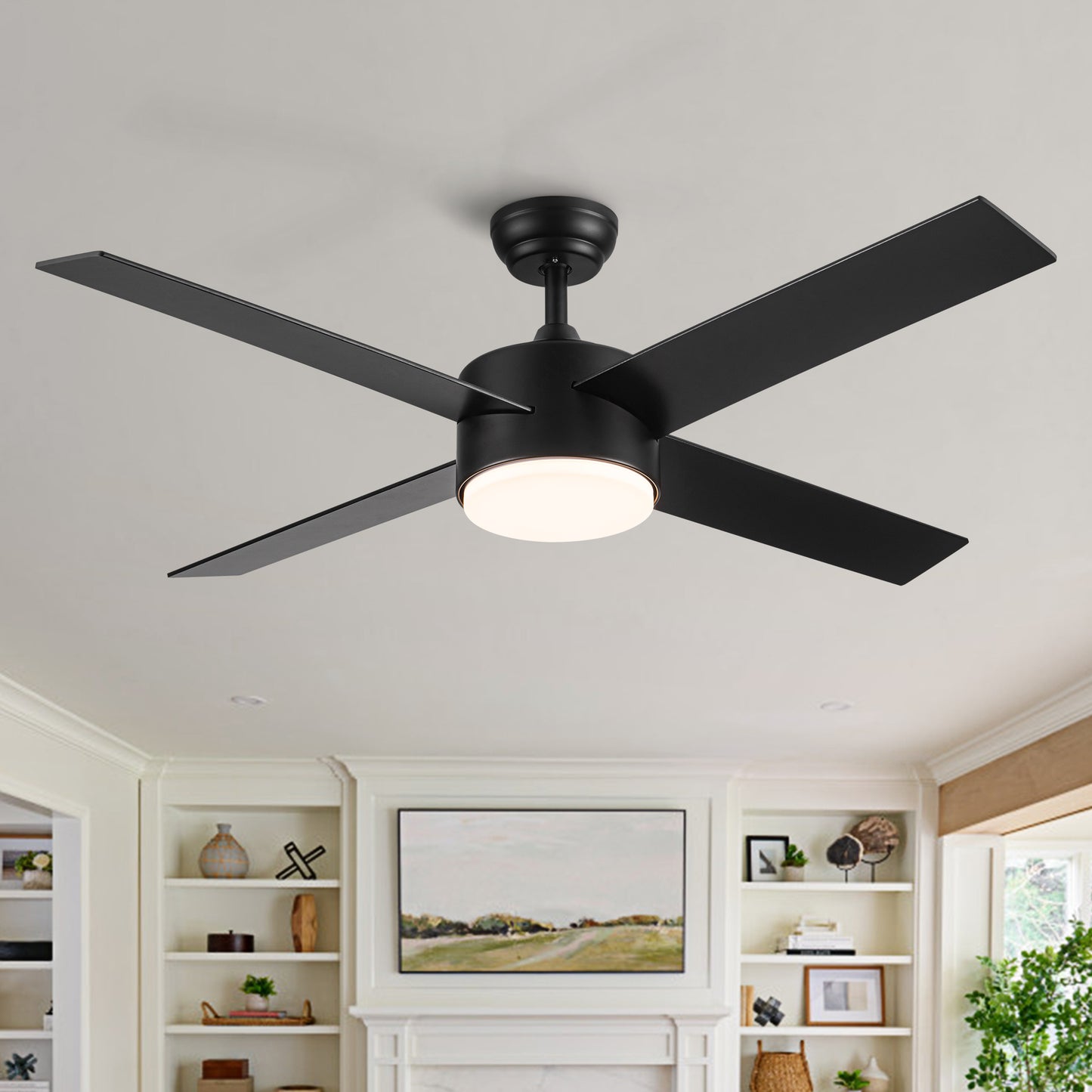 Modern black fourblade ceiling fan with integrated LED light for living rooms