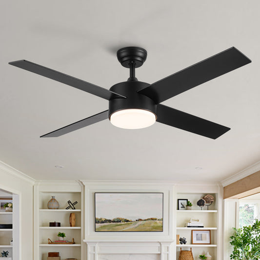 Modern black fourblade ceiling fan with integrated LED light for living rooms