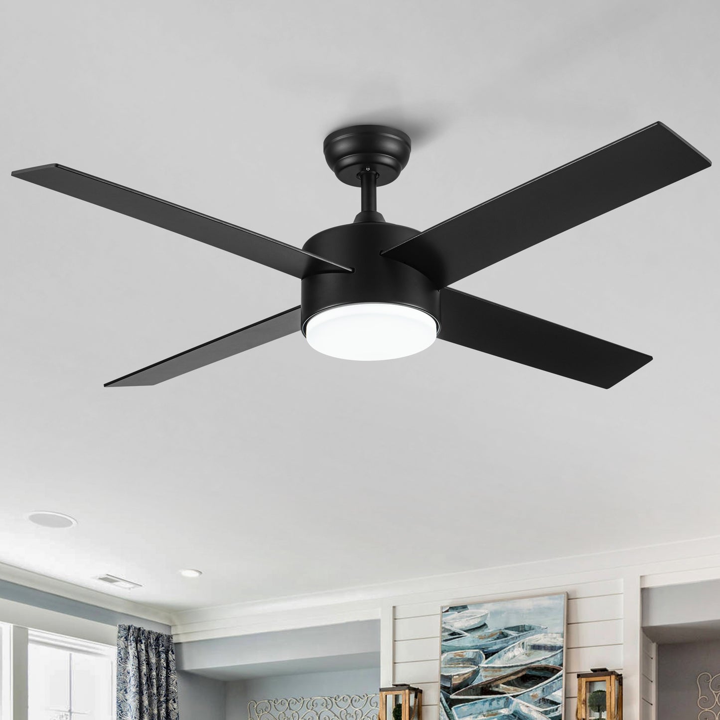 Modern matte black ceiling fan with four blades and integrated LED light