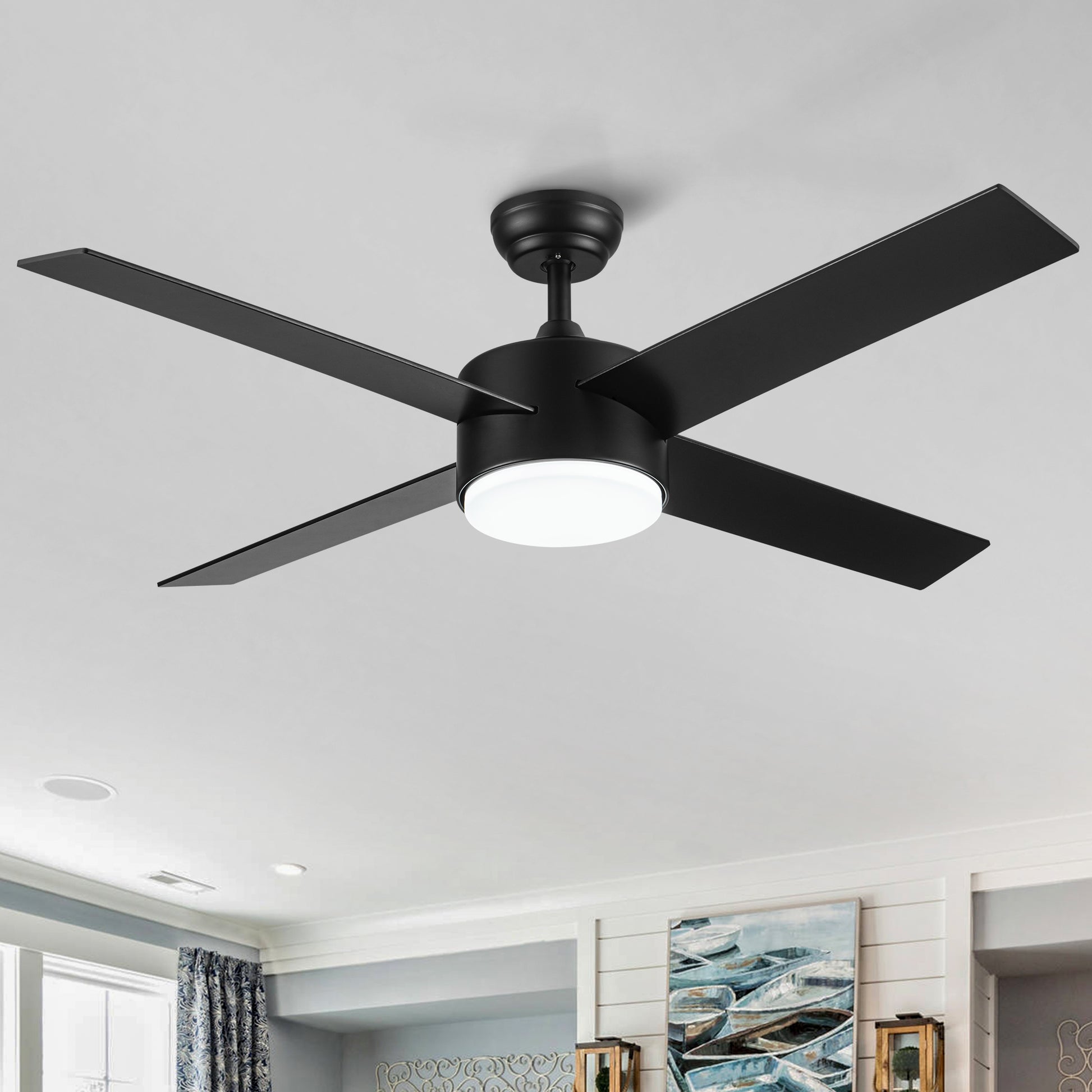Modern matte black ceiling fan with four blades and integrated LED light