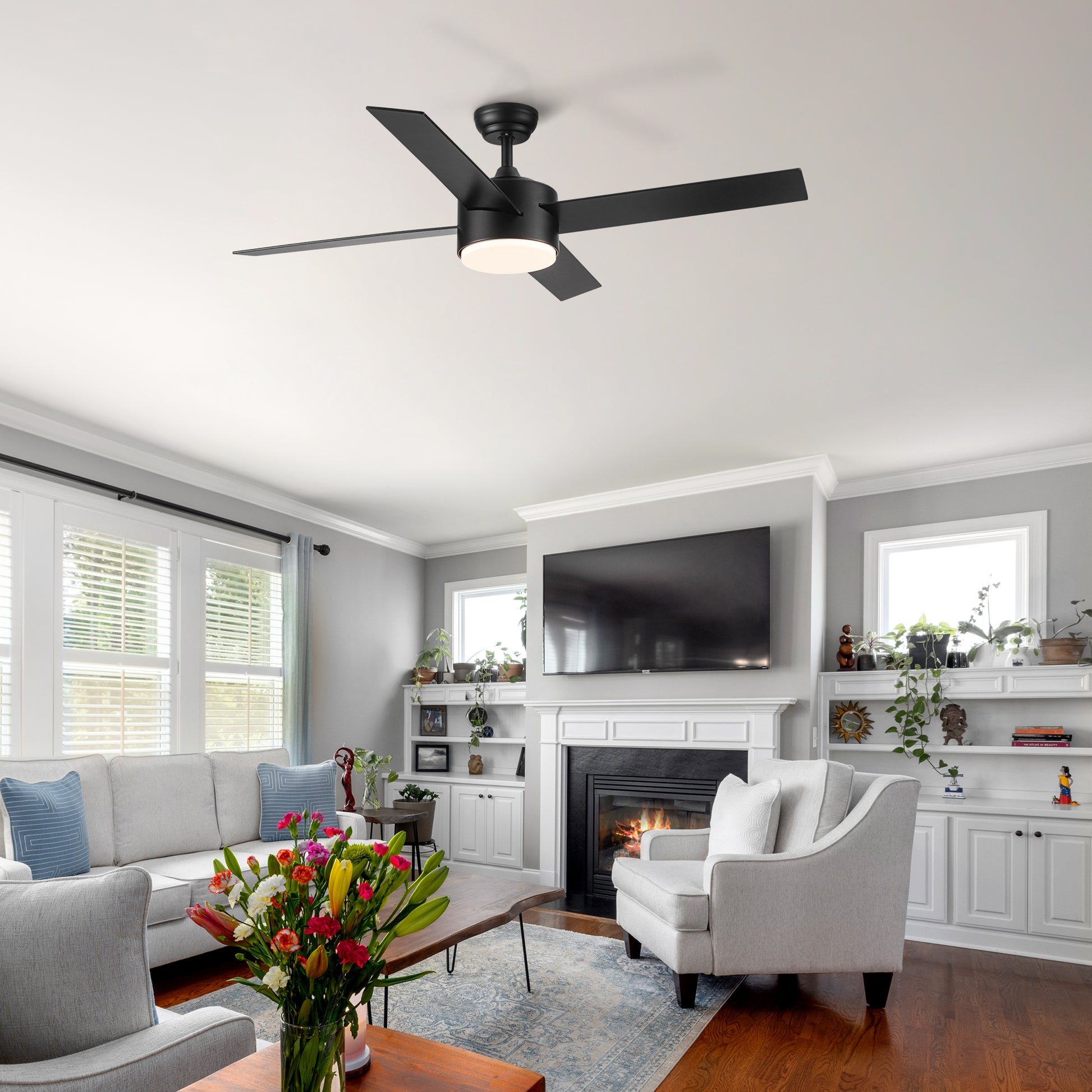 Modern black ceiling fan with integrated LED light ideal for living spaces