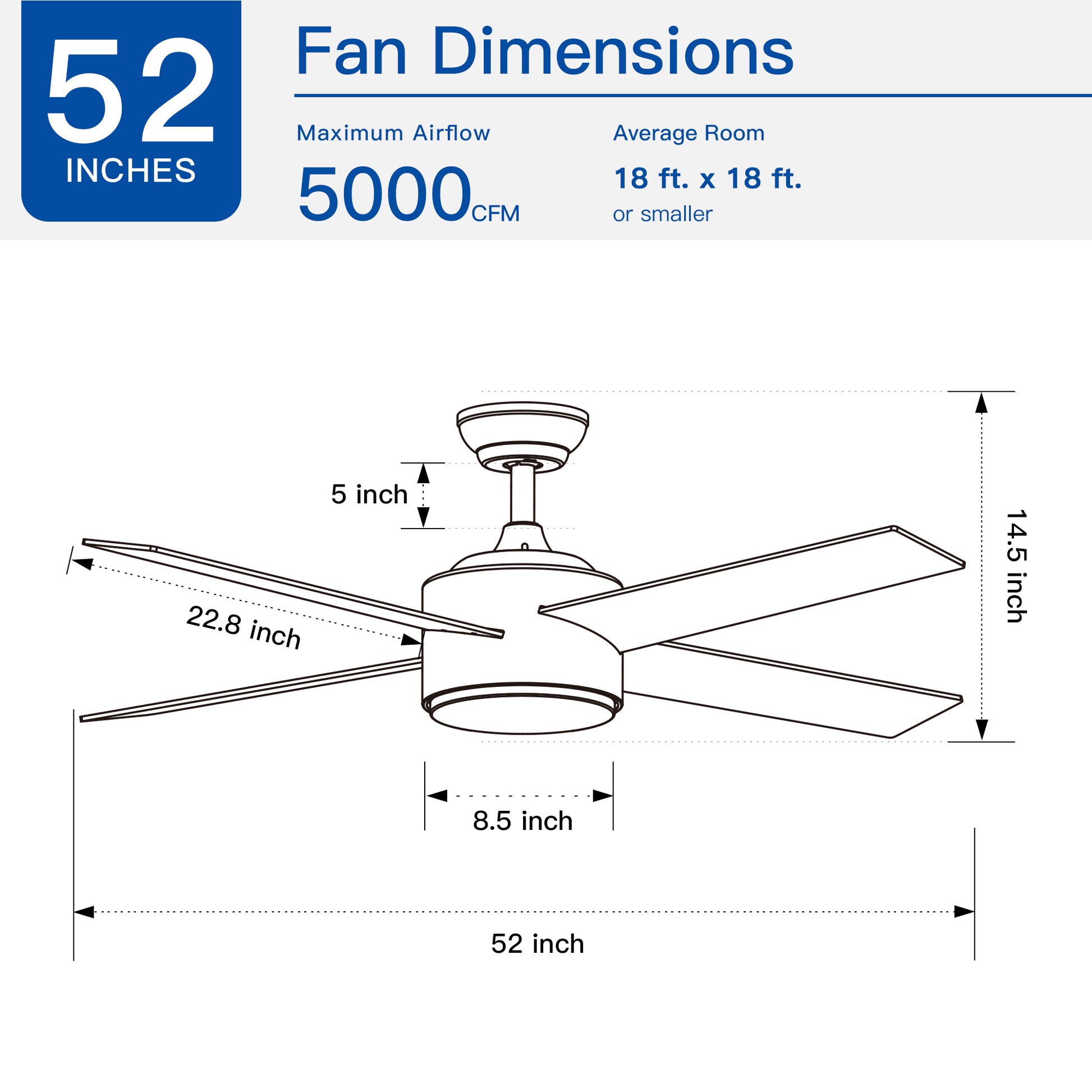 inch ceiling fan schematic with dimensions for blade span and height