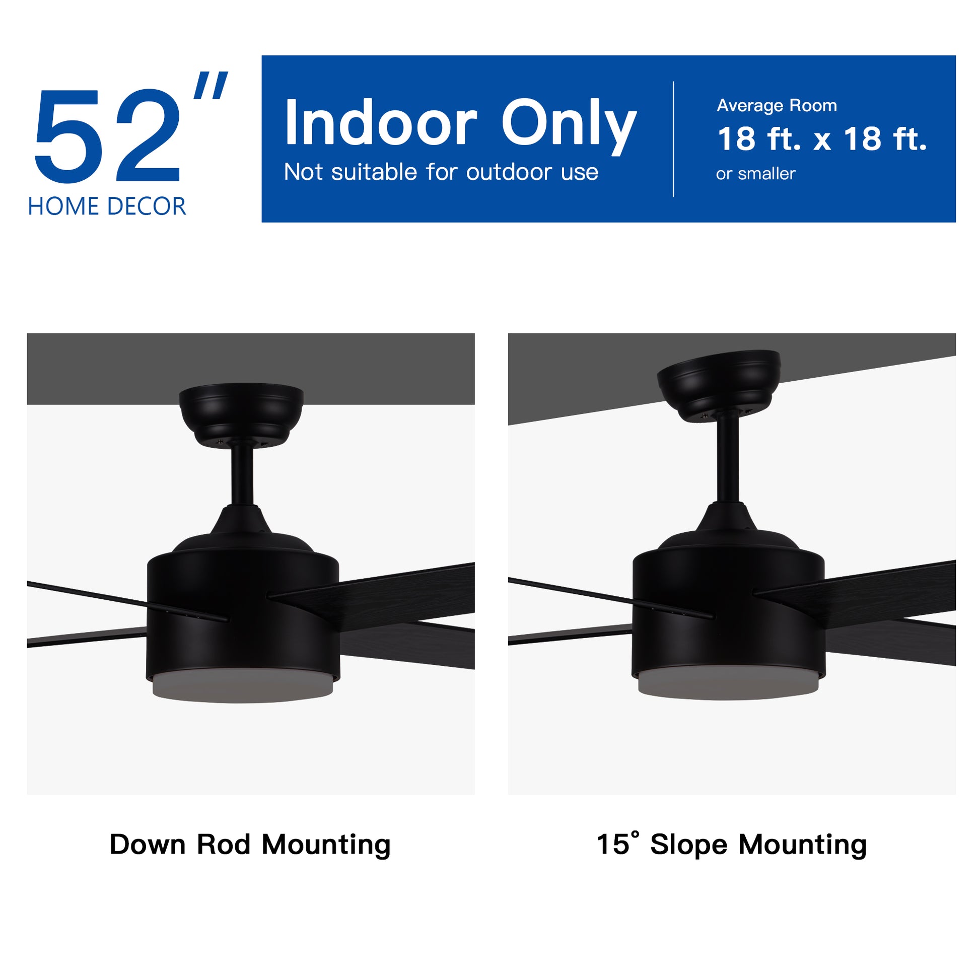 inch black ceiling fan with down rod mounting for indoor use