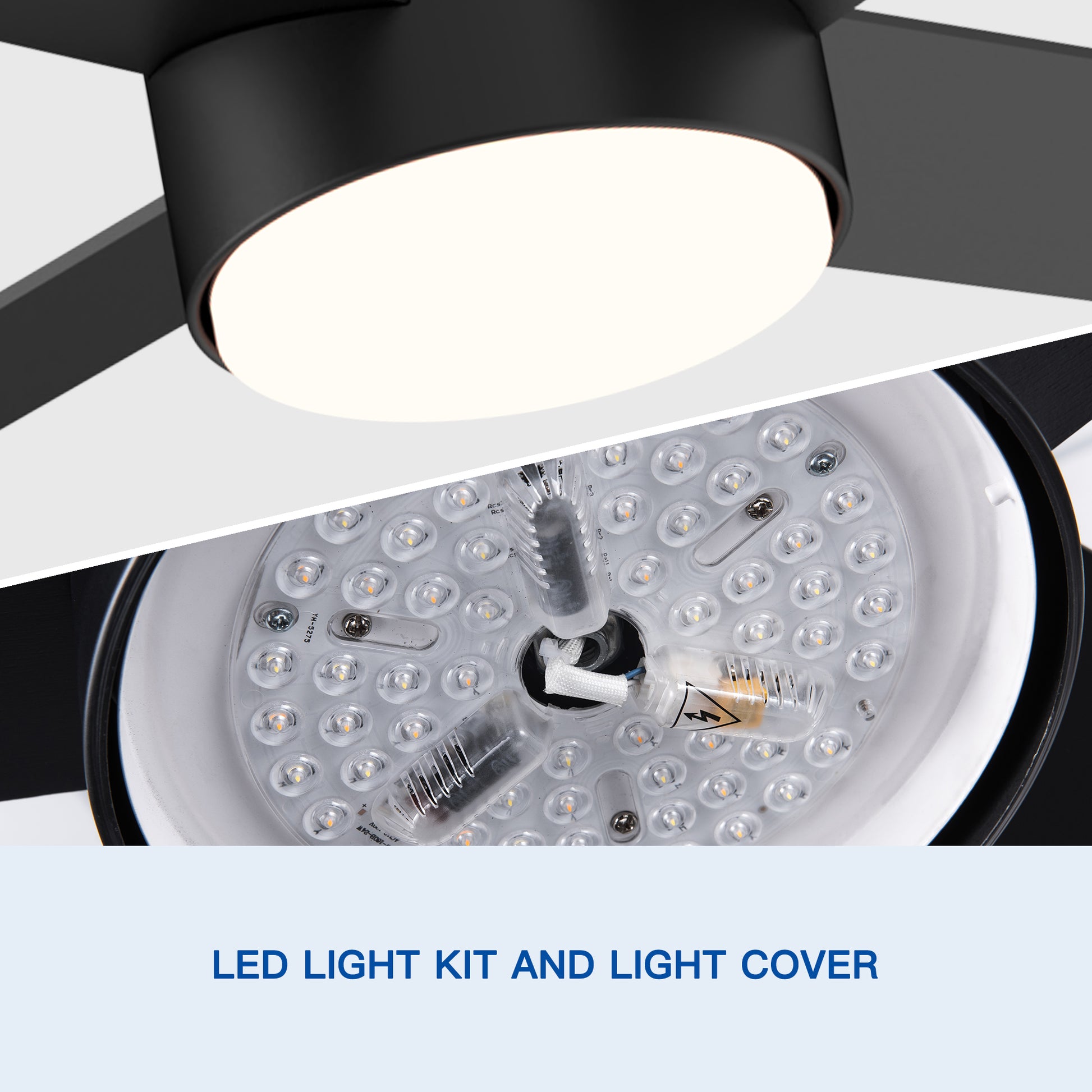 Closeup of a black modern ceiling fan light kit with illuminated frosted cover