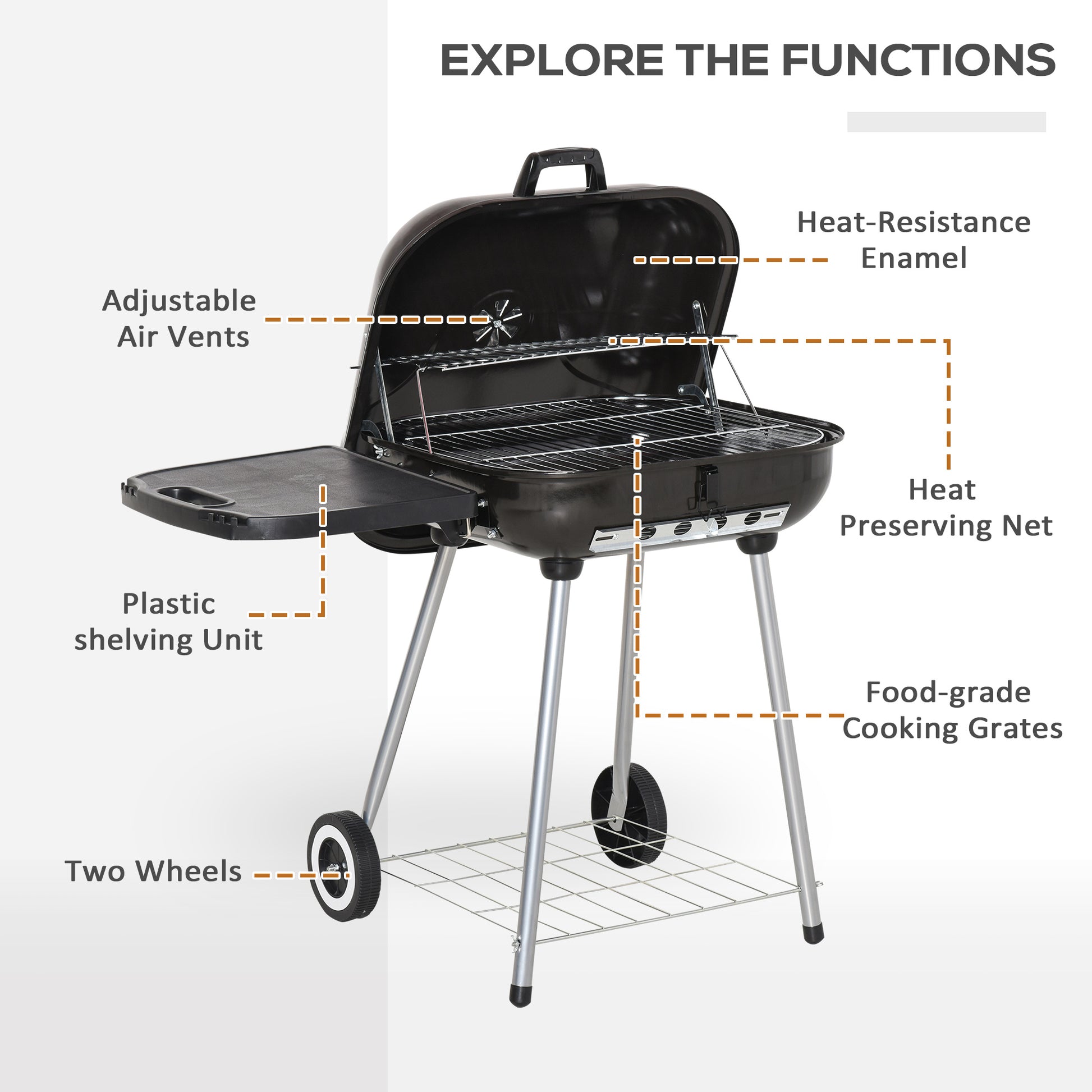 Black charcoal grill with heatresistance enamel lid and adjustable air vents