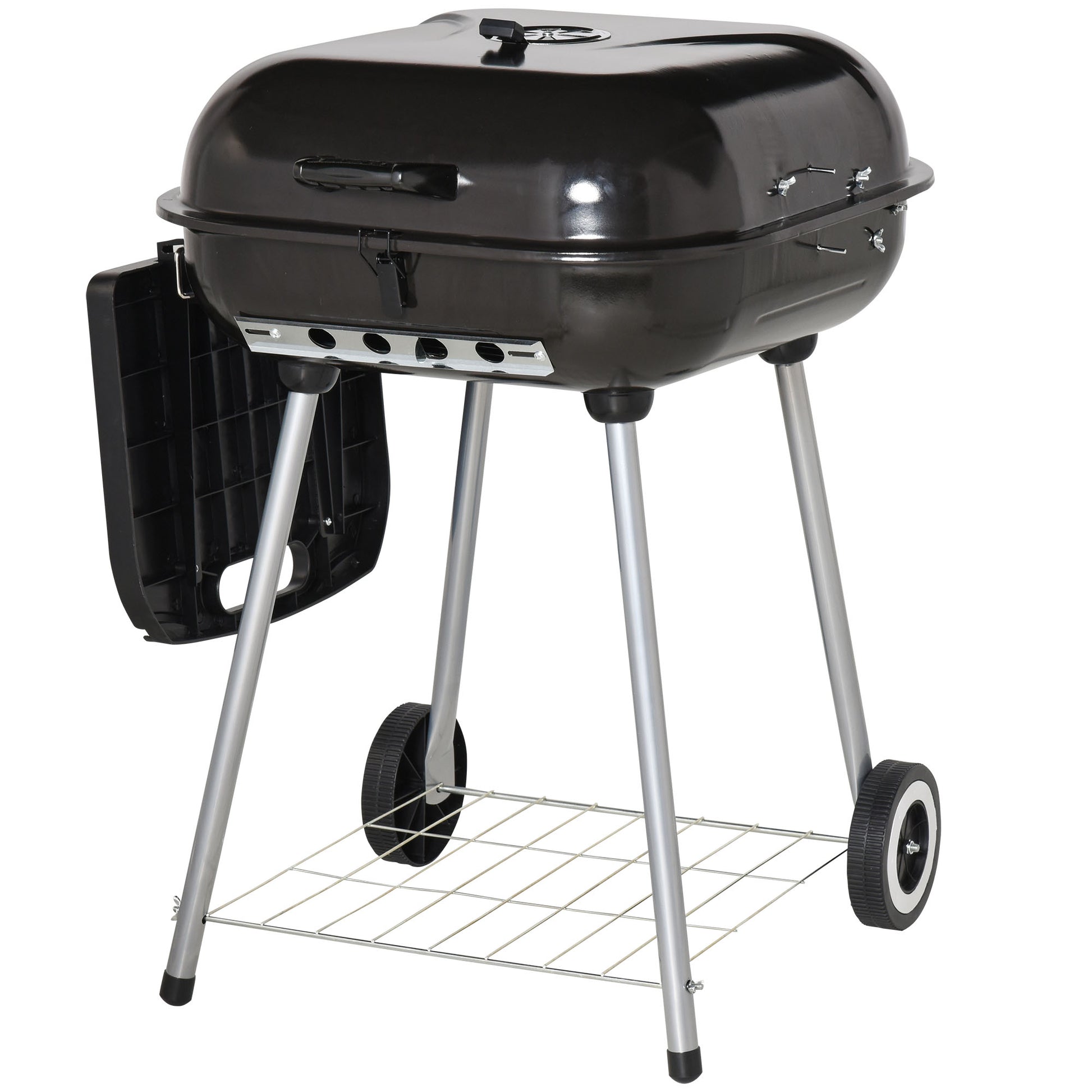 Black charcoal grill with side table and wheels perfect for backyard cooking