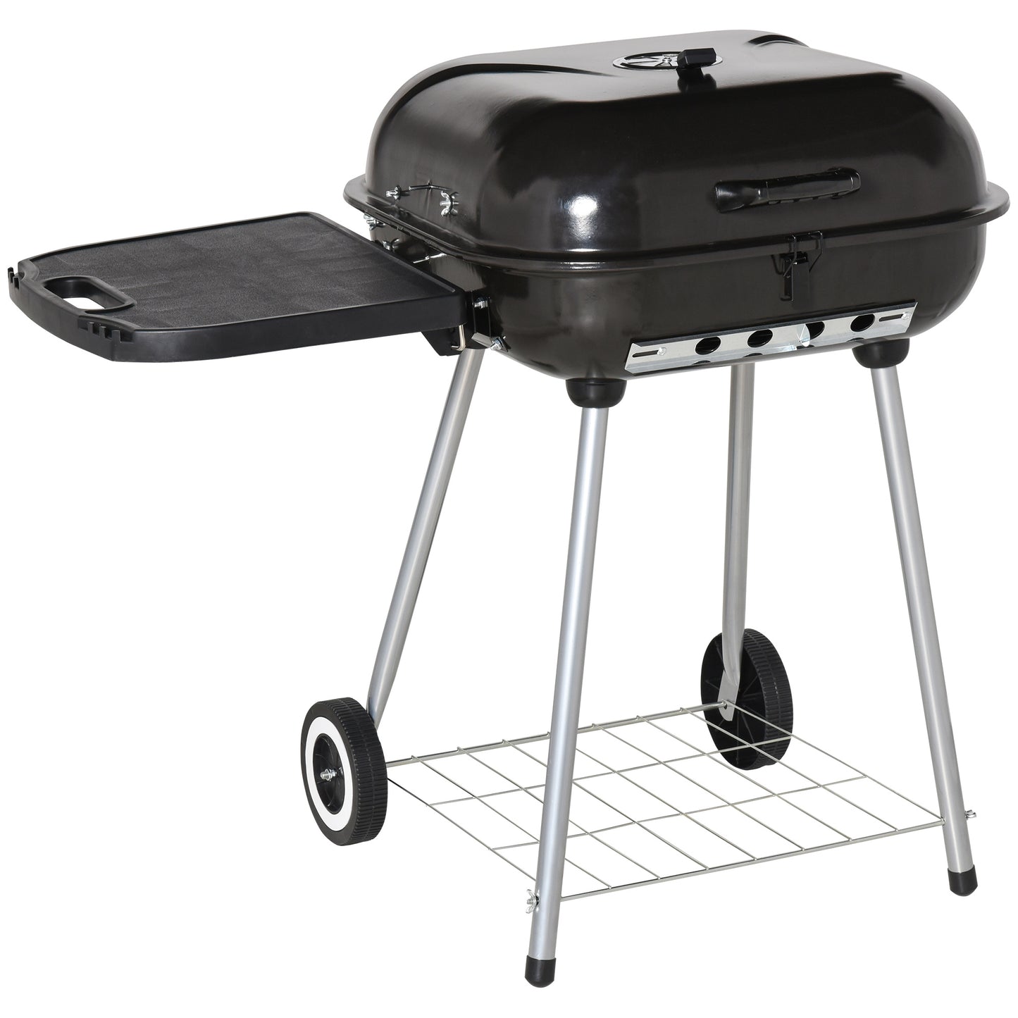 Black charcoal grill with folding side table and wheels perfect for outdoor cooking