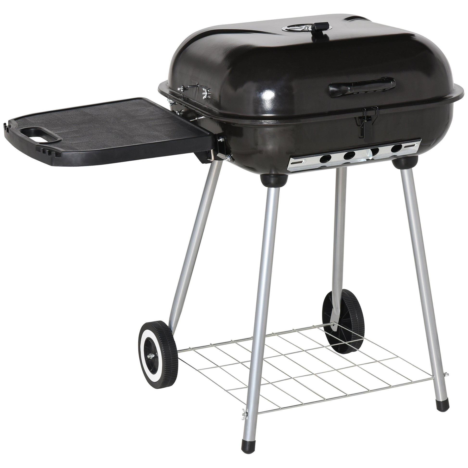 Black charcoal grill with folding side table and wheels perfect for outdoor cooking