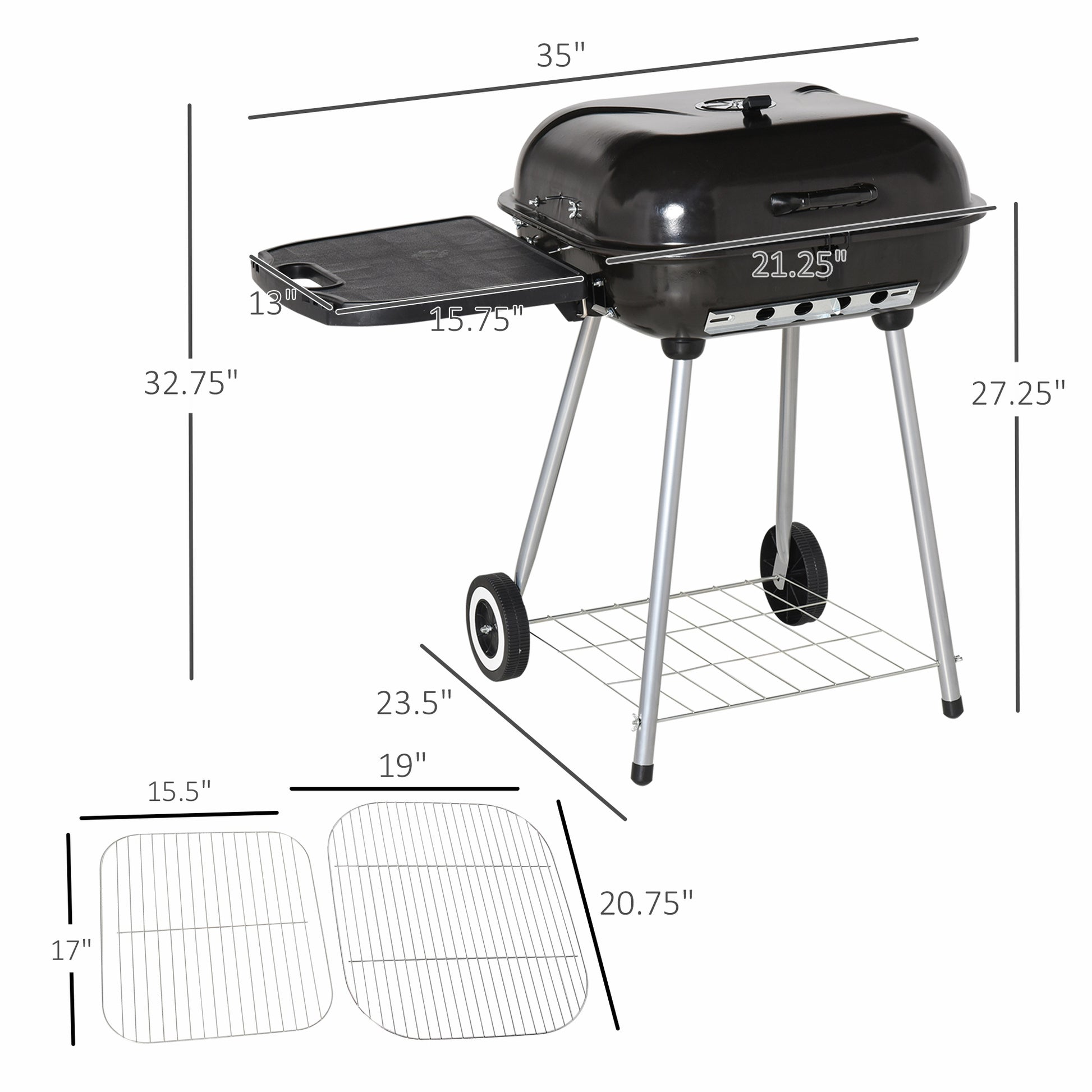 Black portable charcoal grill with side shelf and wheeled legs for easy transport