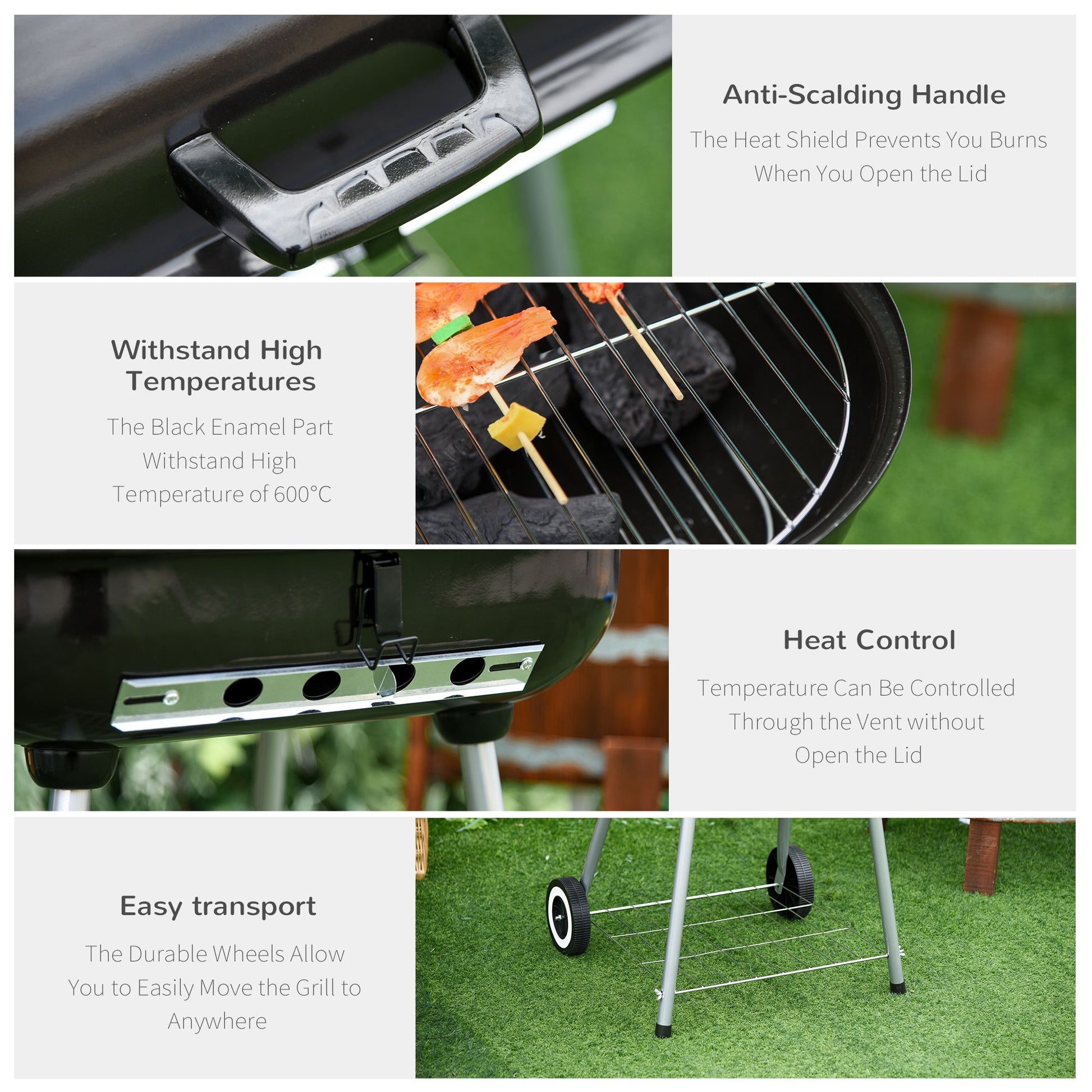 Black charcoal grill lid handle with chrome accents and a heat shield preventing burns when opening the grill
