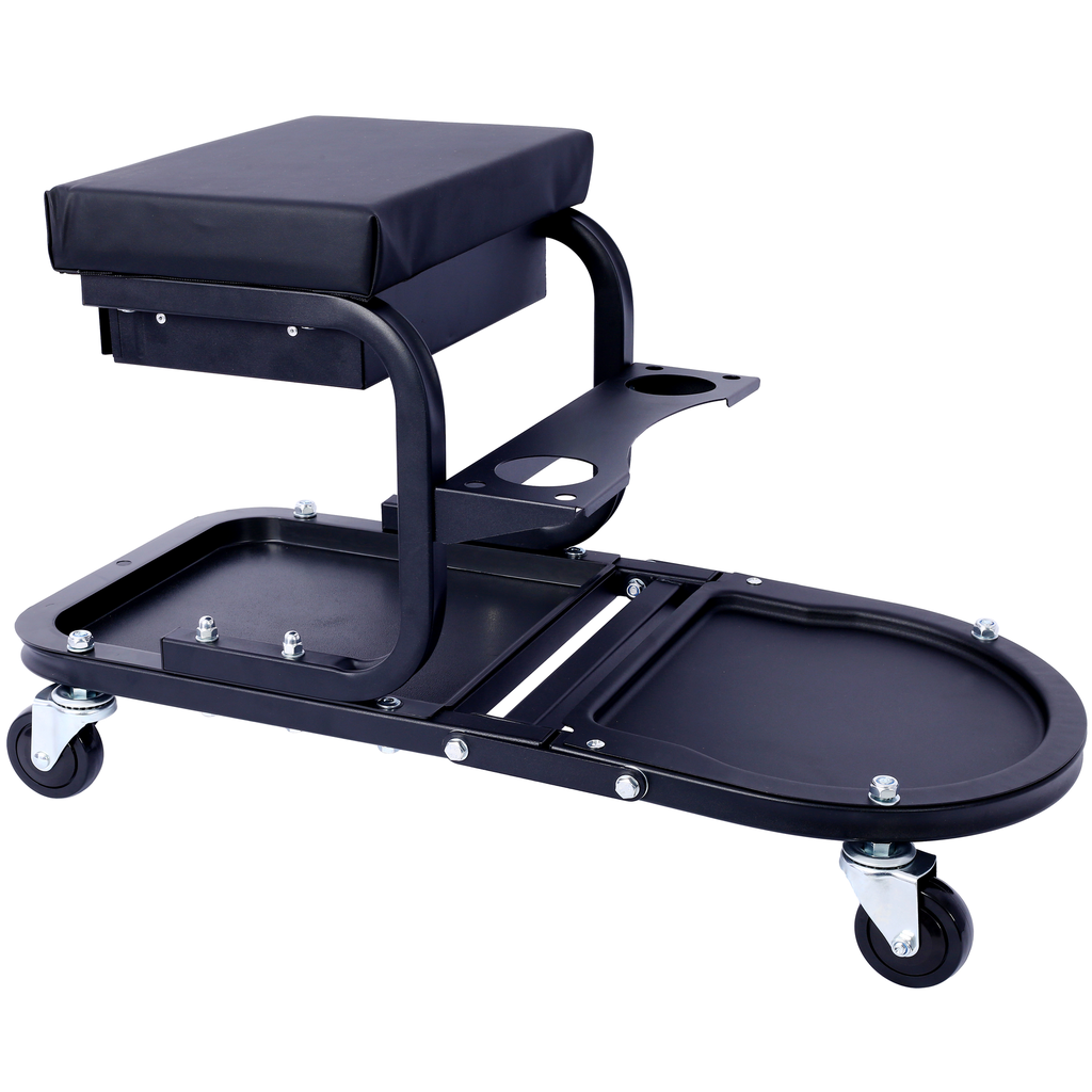 Black padded mechanic creeper seat with rolling casters and tool tray