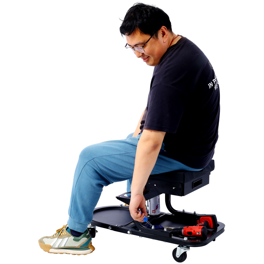 Mechanic creeper seat with tool storage and casters black padded seat for garage work