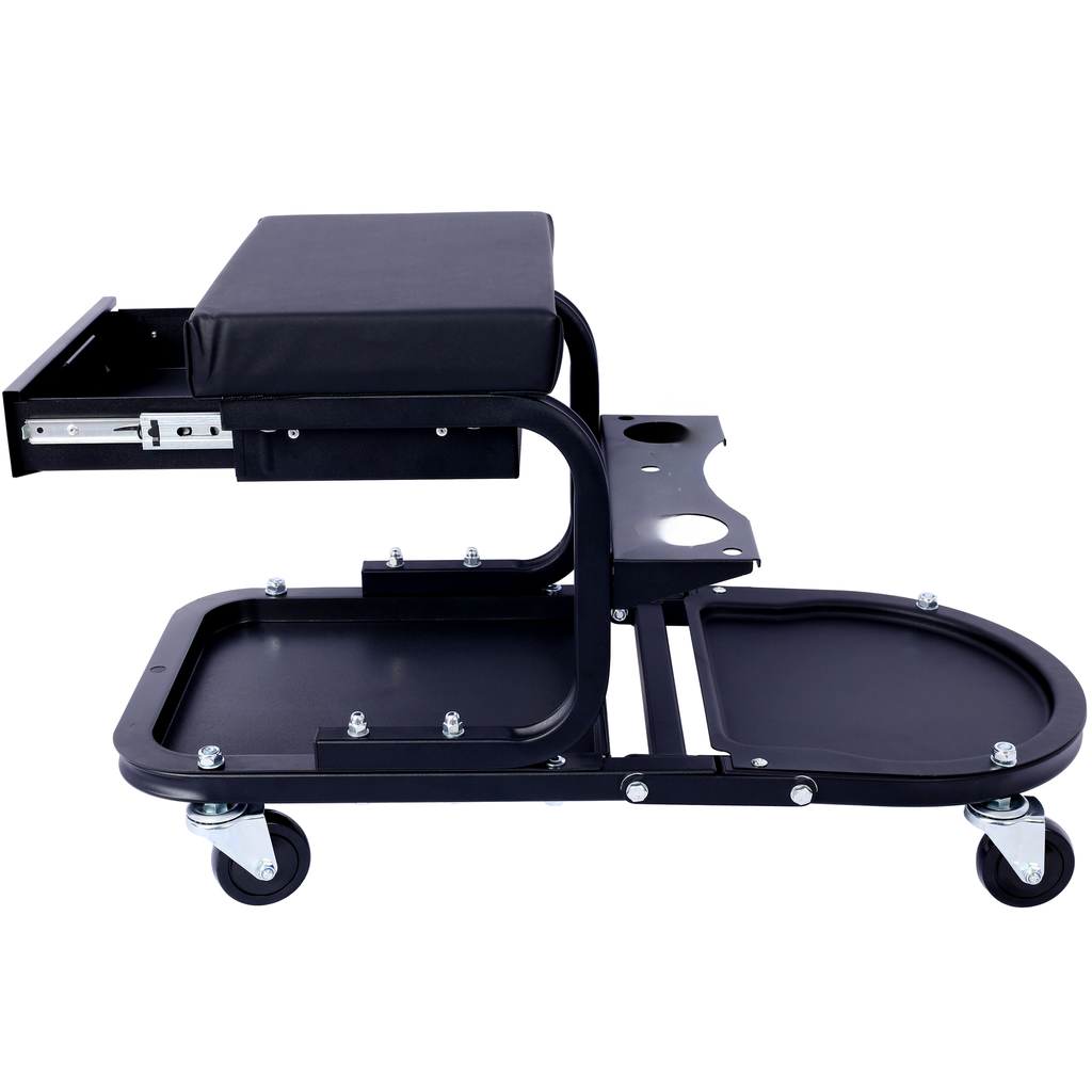 Black mechanic creeper seat with rolling casters drawer and tool holders for automotive repair