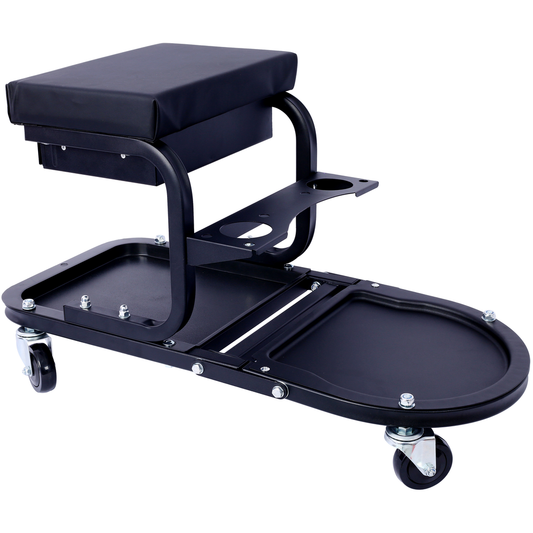 Black mechanic creeper stool with rolling casters and tool trays