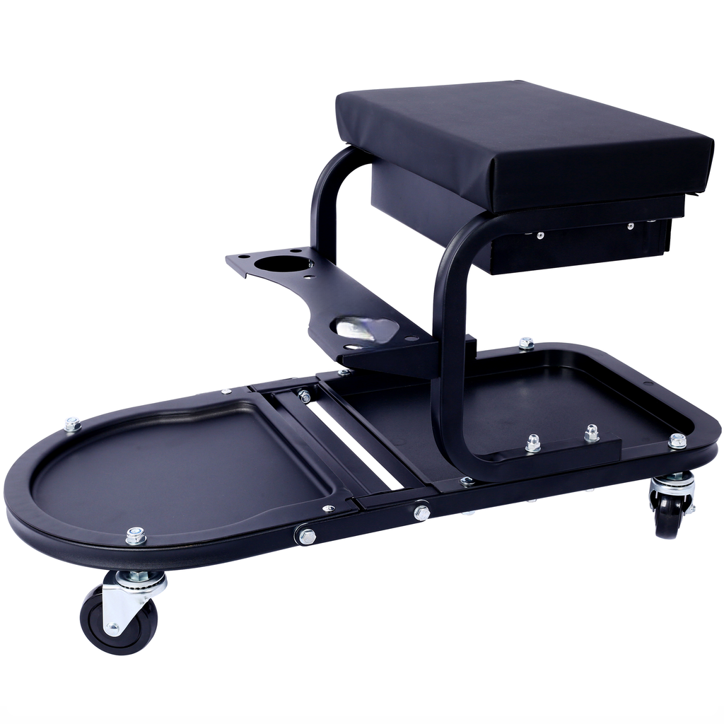 Black rolling creeper seat with tray for mechanics garage use