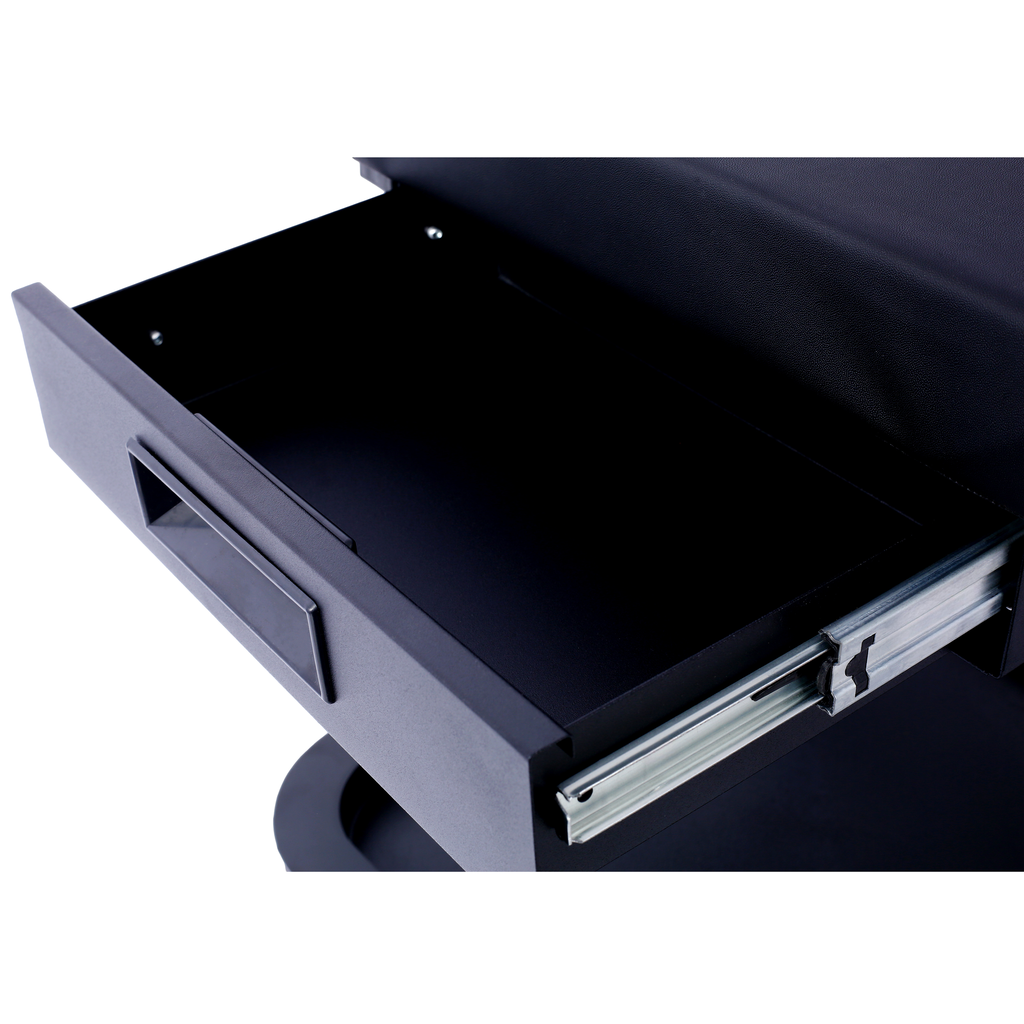 Black desk drawer with silver metal runner and integrated pull handle