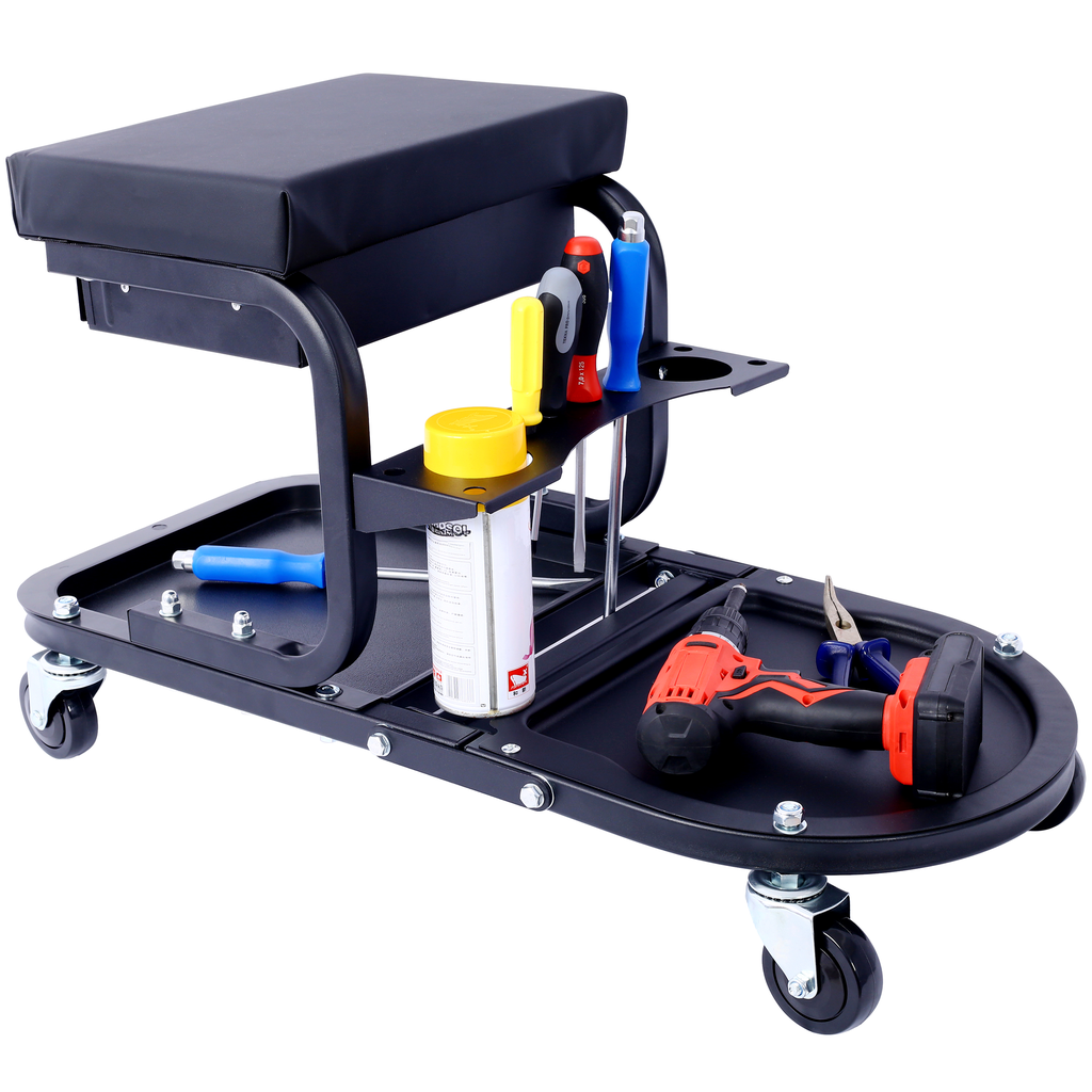 Black rolling creeper seat with builtin tool organizers and a red cordless drill
