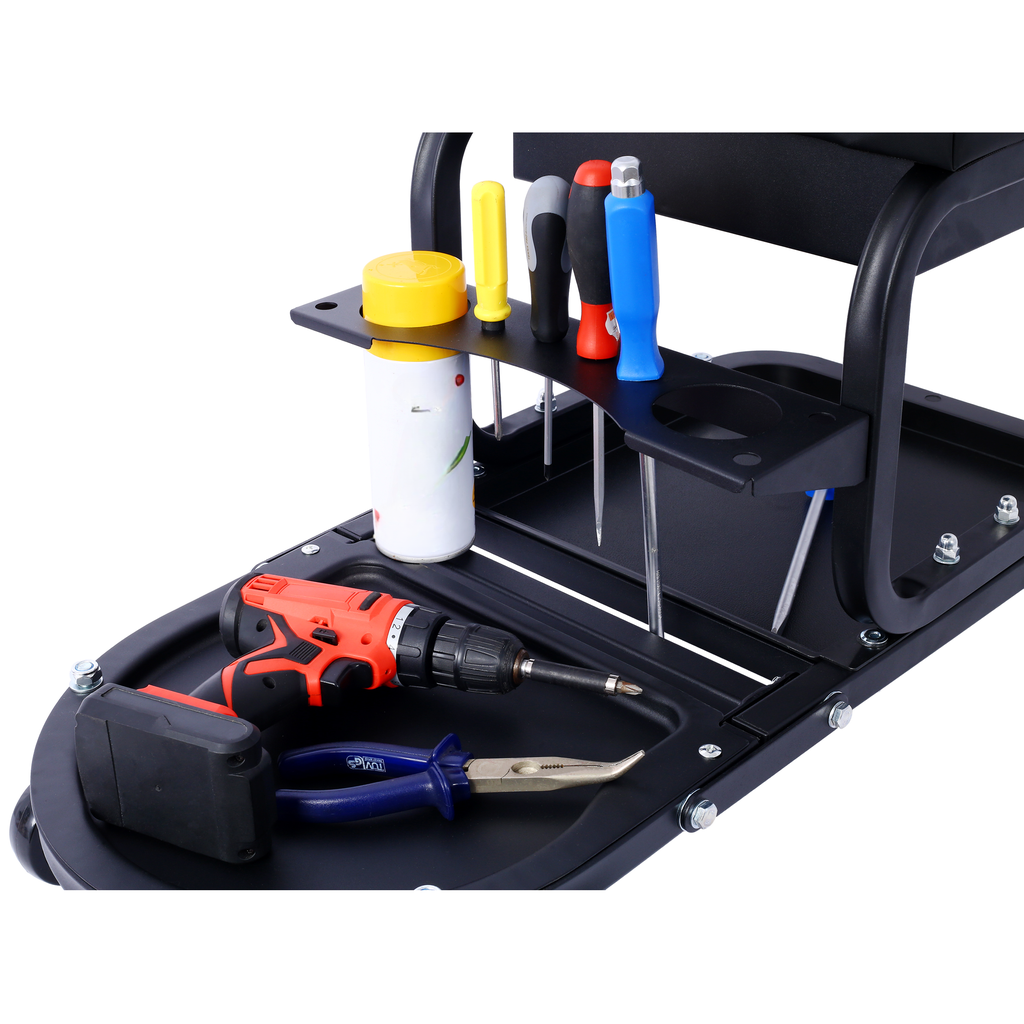 Black garden cart with integrated tool organizer featuring a drill and pliers
