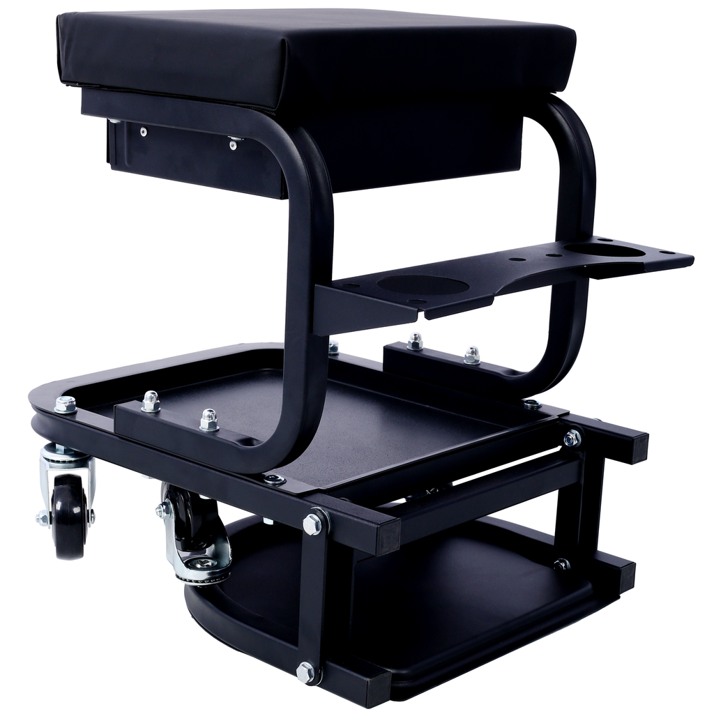 Black rolling creeper seat with storage trays and cup holders for garage use