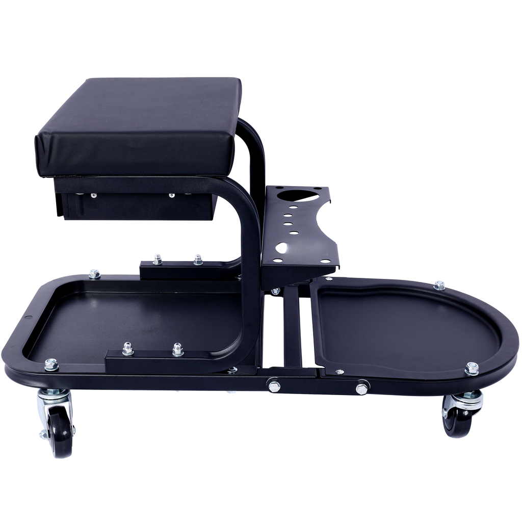 Black rolling mechanic stool with tool tray and padded seat for garage use