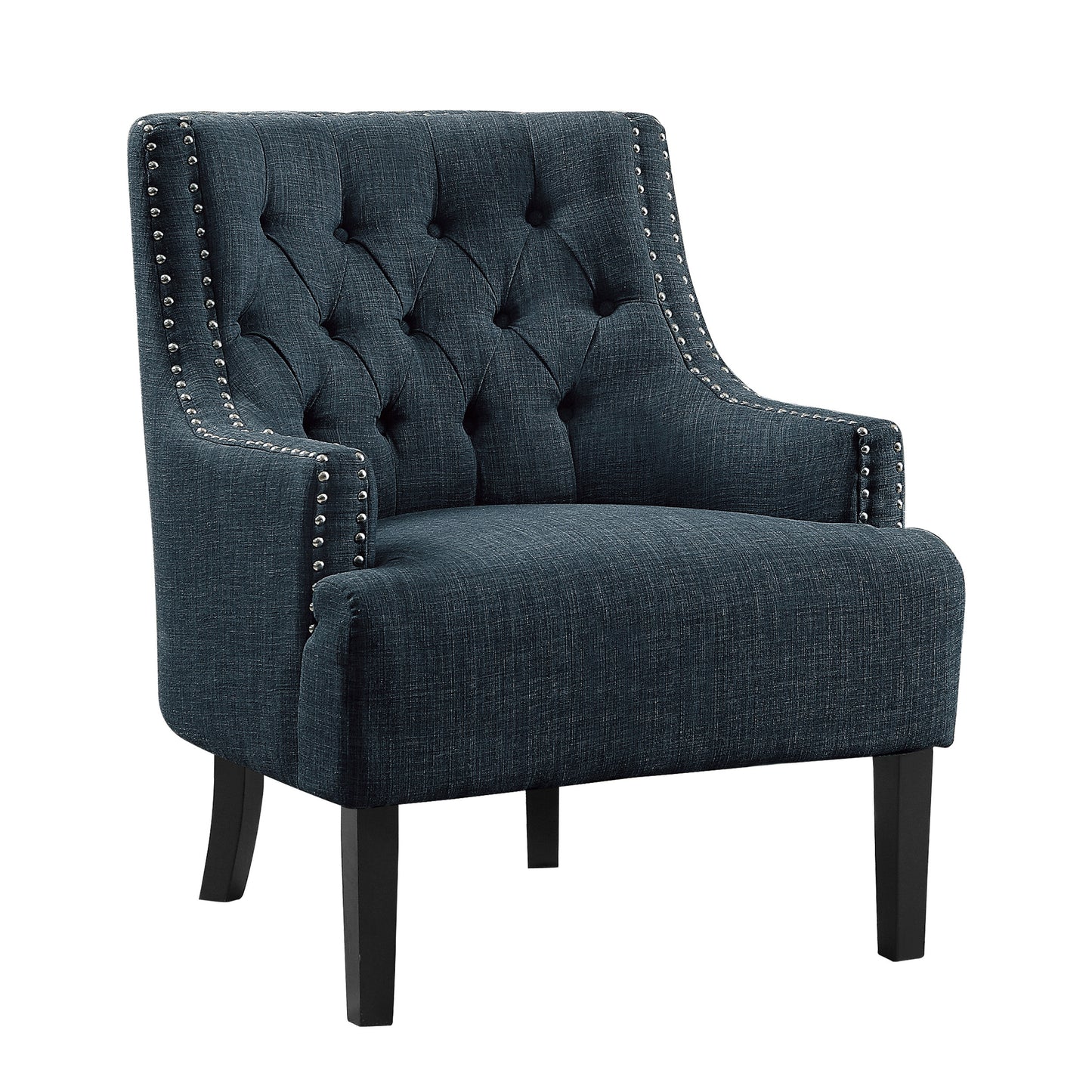 Navy blue upholstered armchair with diamond tufting and silver nailhead trim
