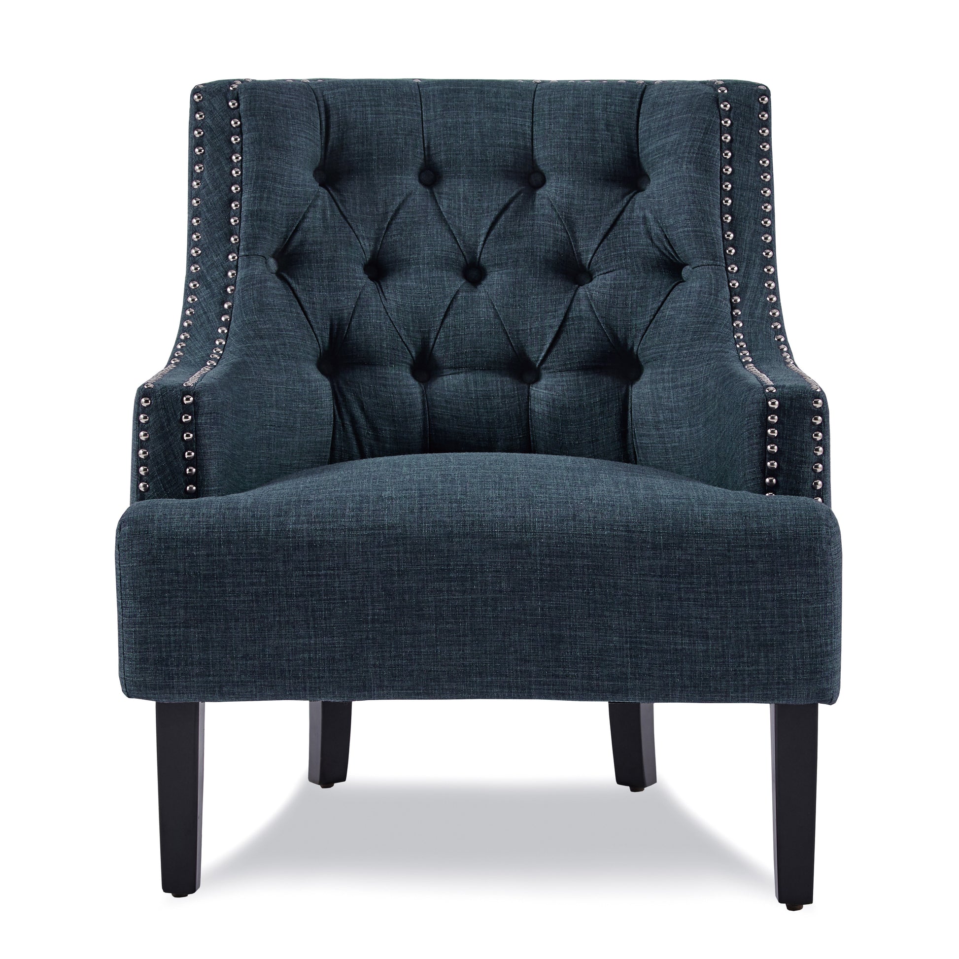 Deep teal fabric armchair with tufted back and silver nailhead trim