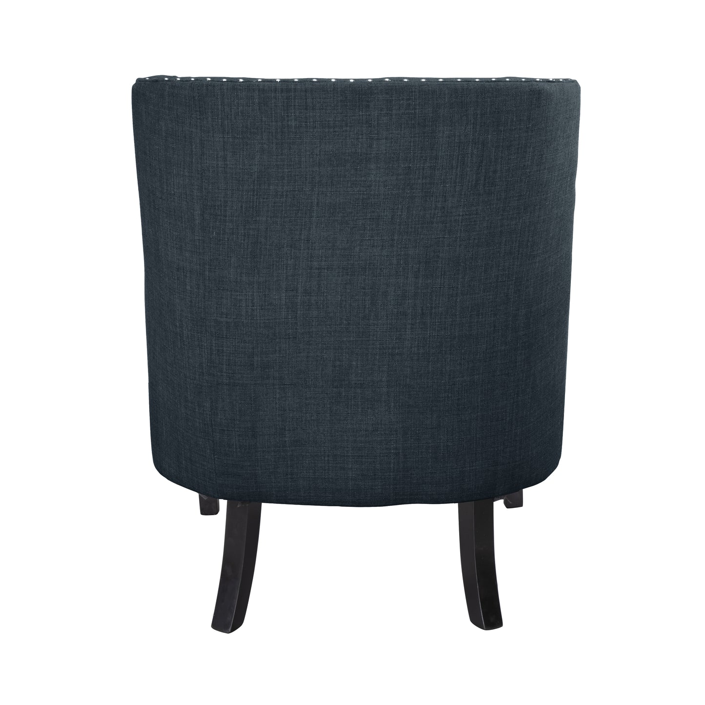 Dark gray upholstered accent chair with studded trim and dark wood legs
