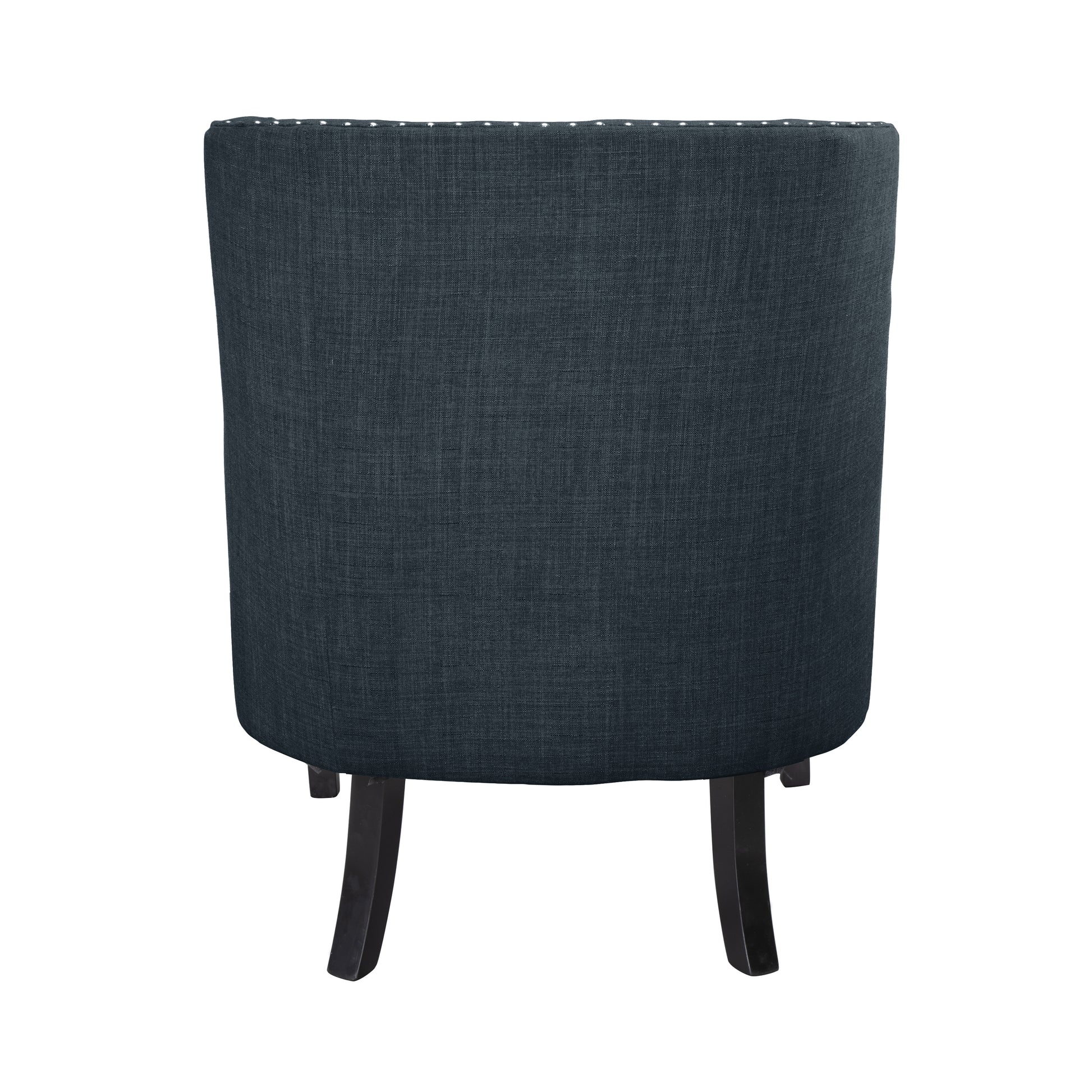 Dark gray upholstered accent chair with studded trim and dark wood legs