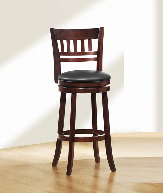 Dark wood swivel bar stool with black padded seat and slatted backrest for kitchen