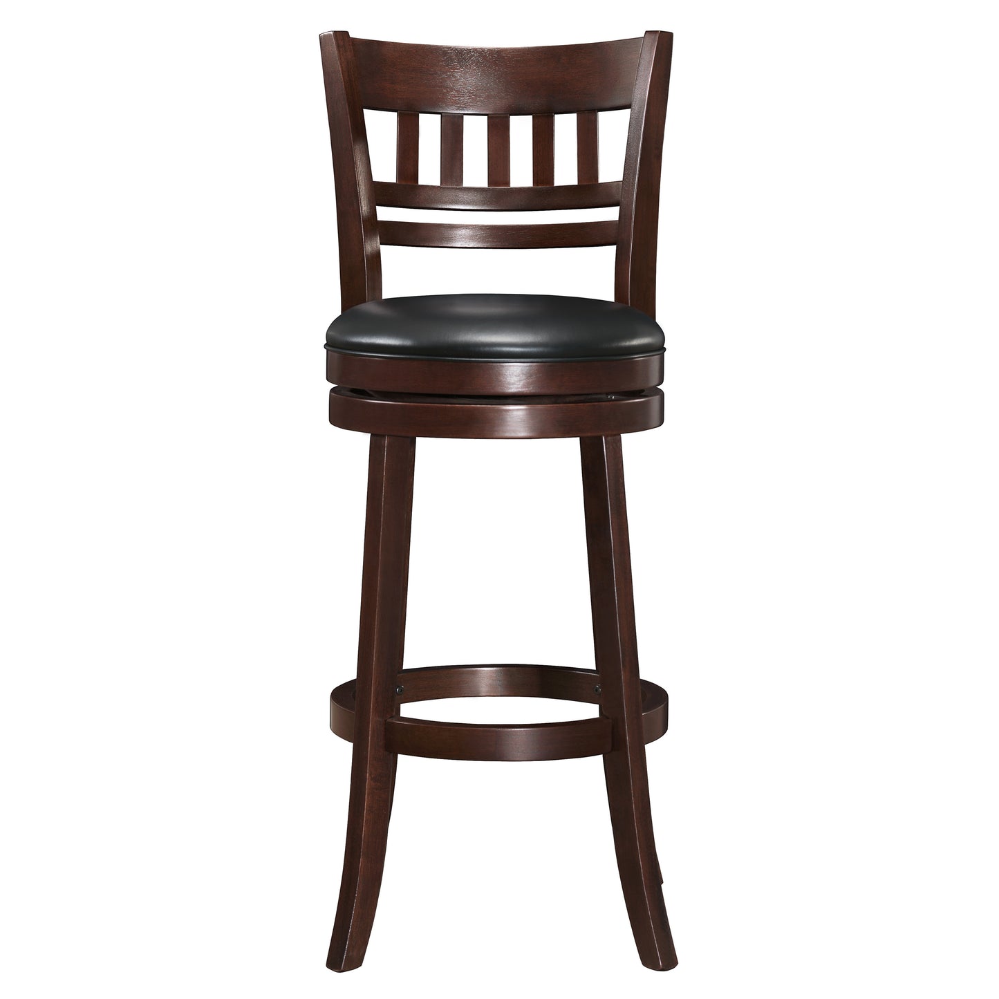 Dark brown wooden swivel bar stool with black vinyl seat and slatted back