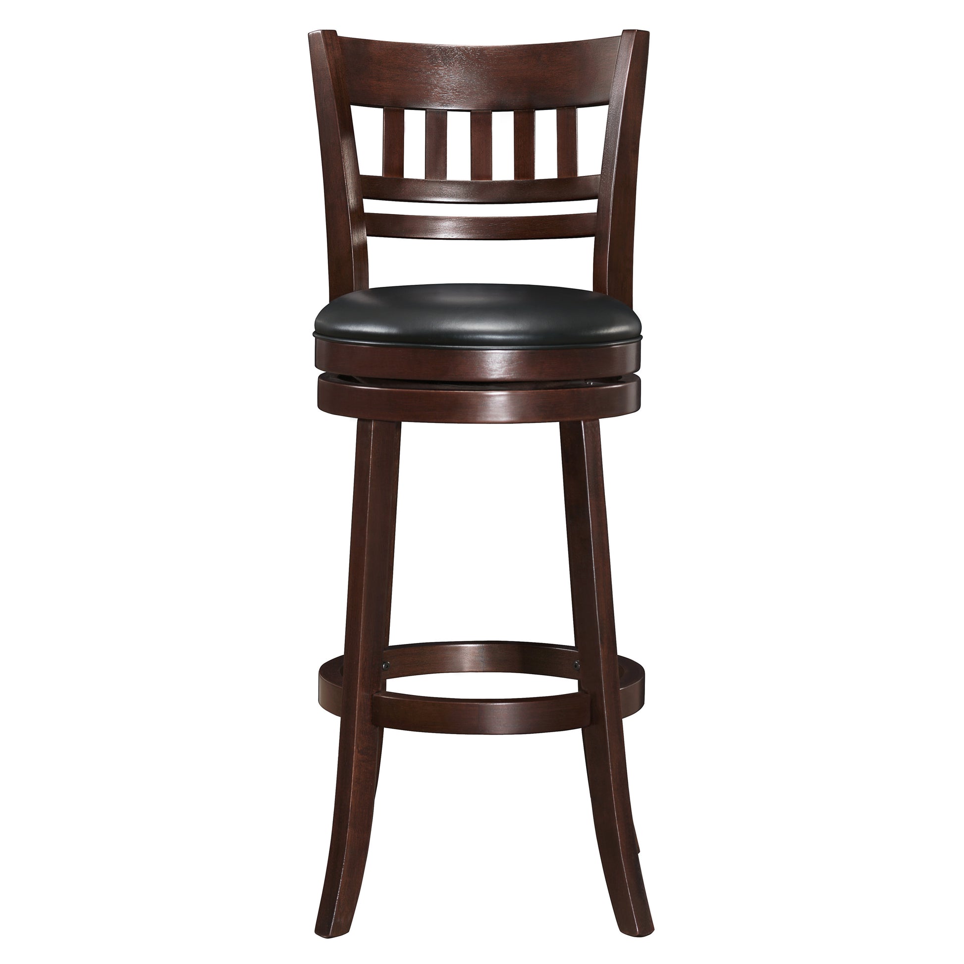 Dark brown wooden swivel bar stool with black vinyl seat and slatted back