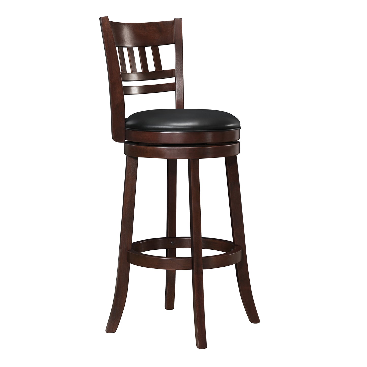 Dark wood swivel bar stool with black vinyl cushion and slatted back