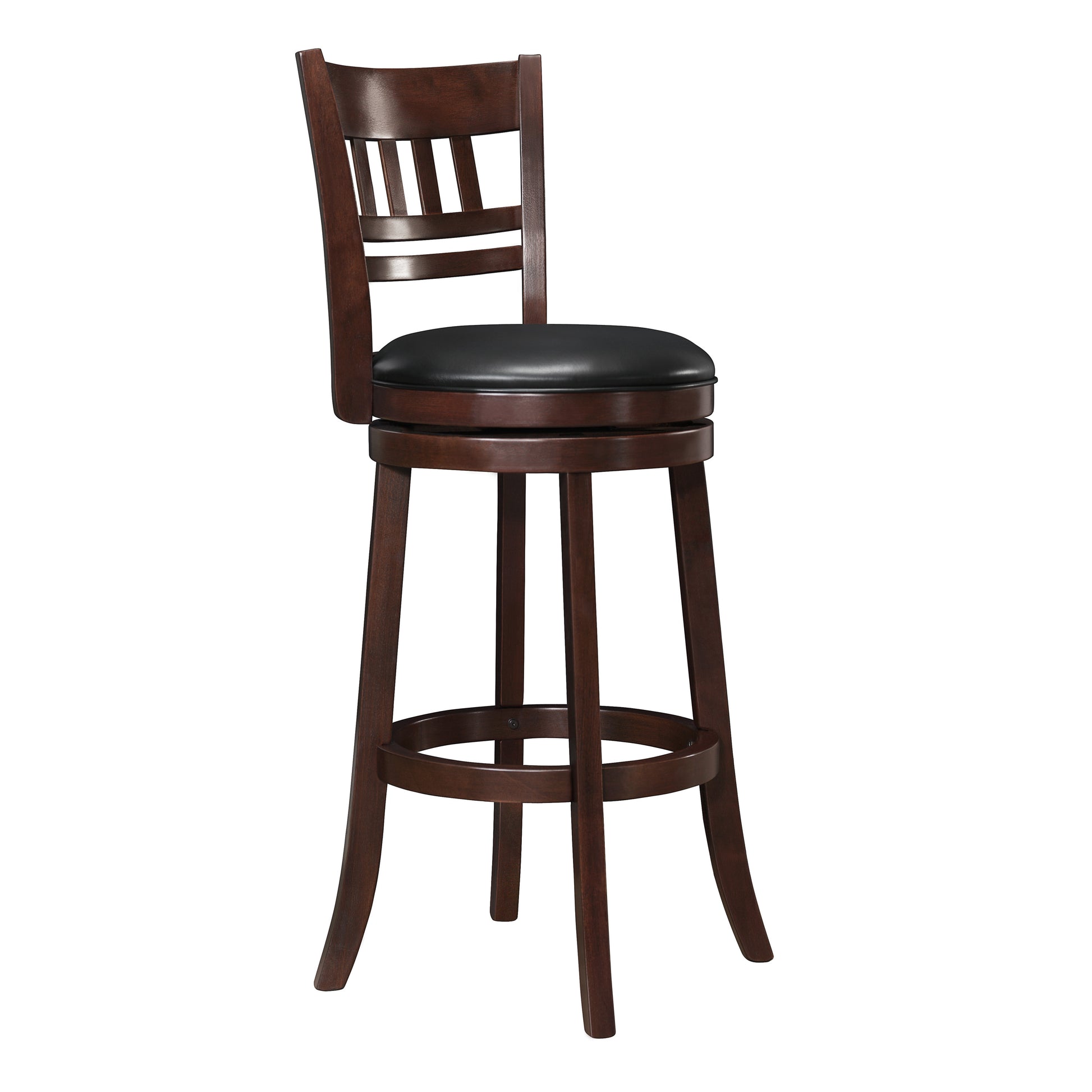 Dark wood swivel bar stool with black vinyl cushion and slatted back