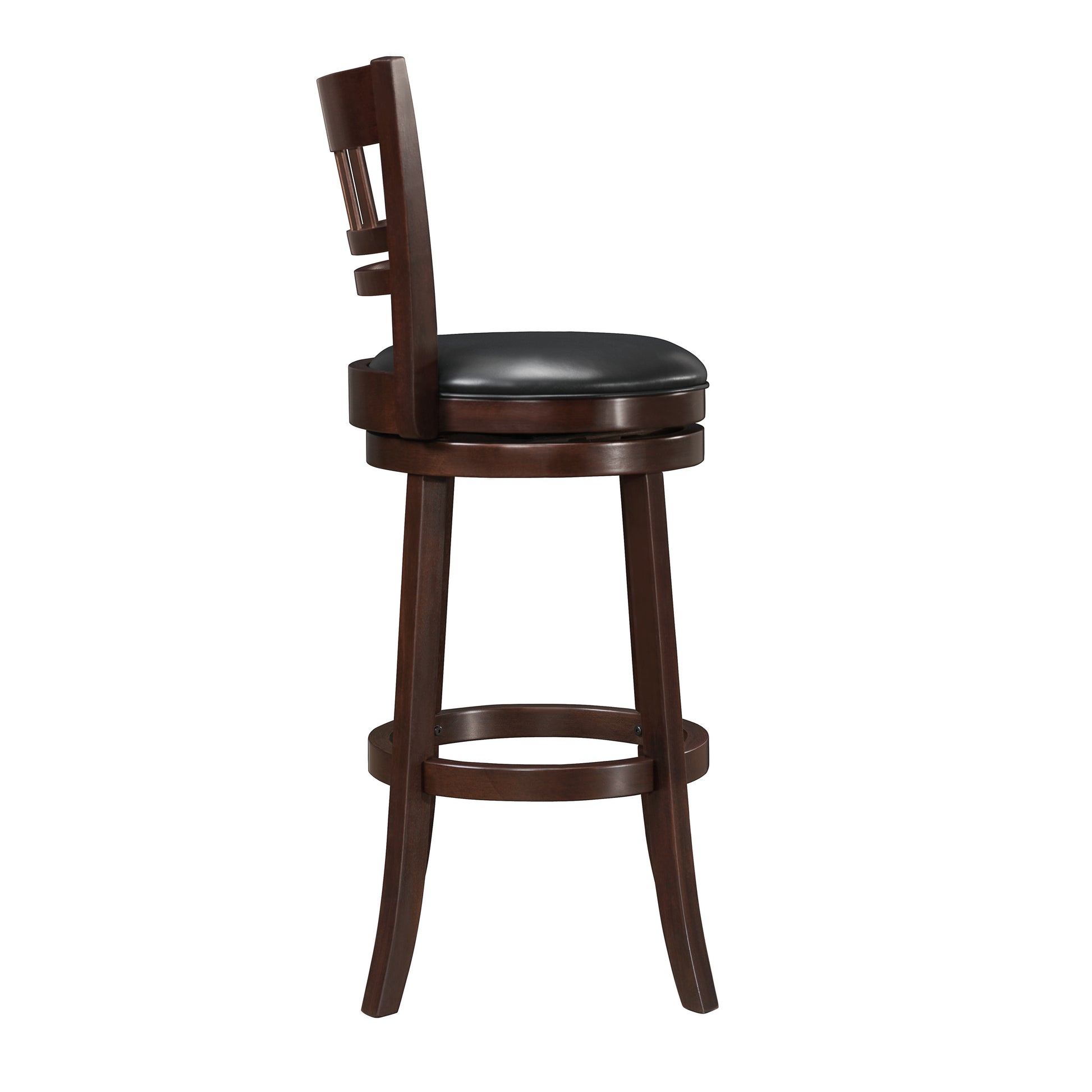 Dark brown swivel bar stool with black vinyl seat and backrest