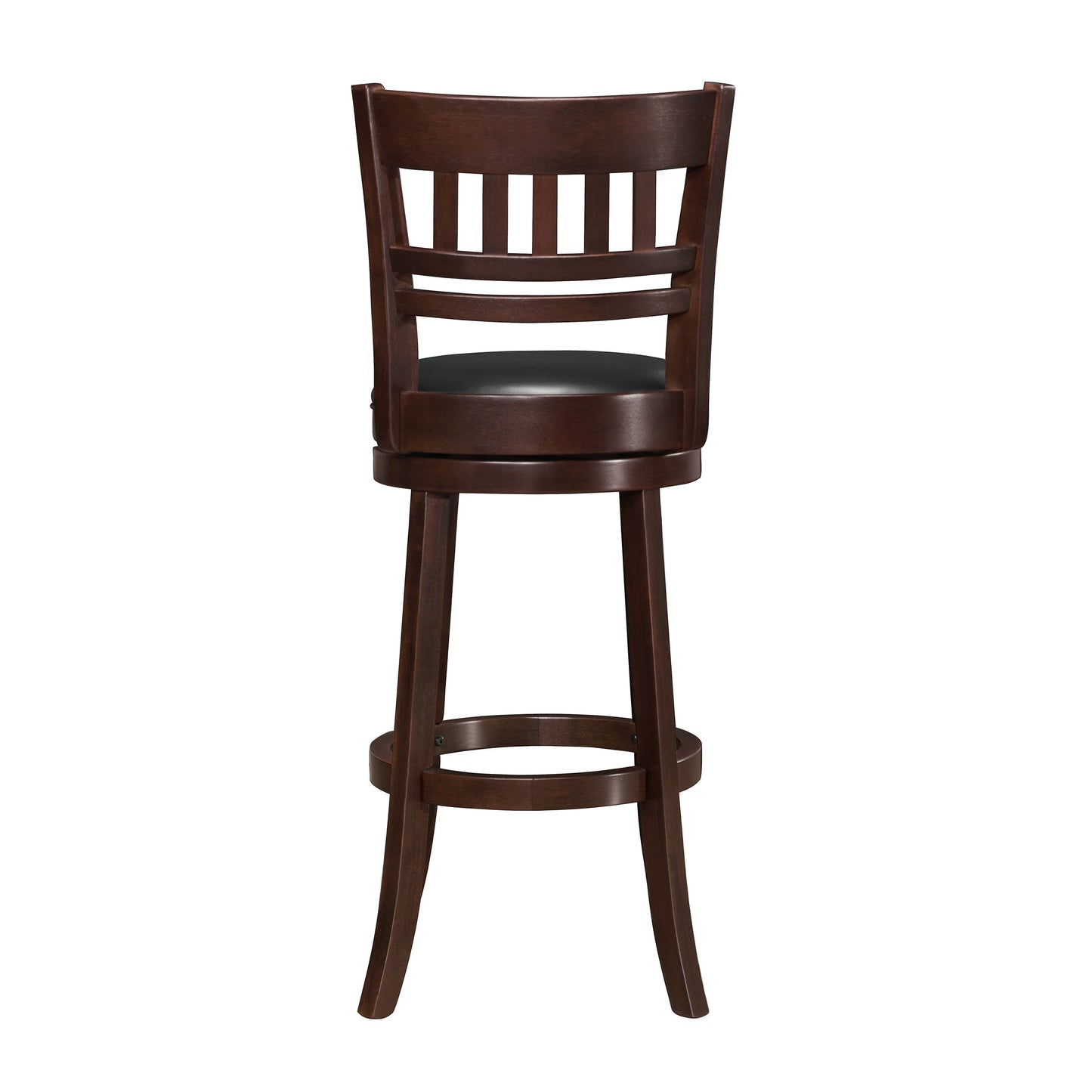 Dark brown wooden swivel bar stool with black vinyl seat and slatted back