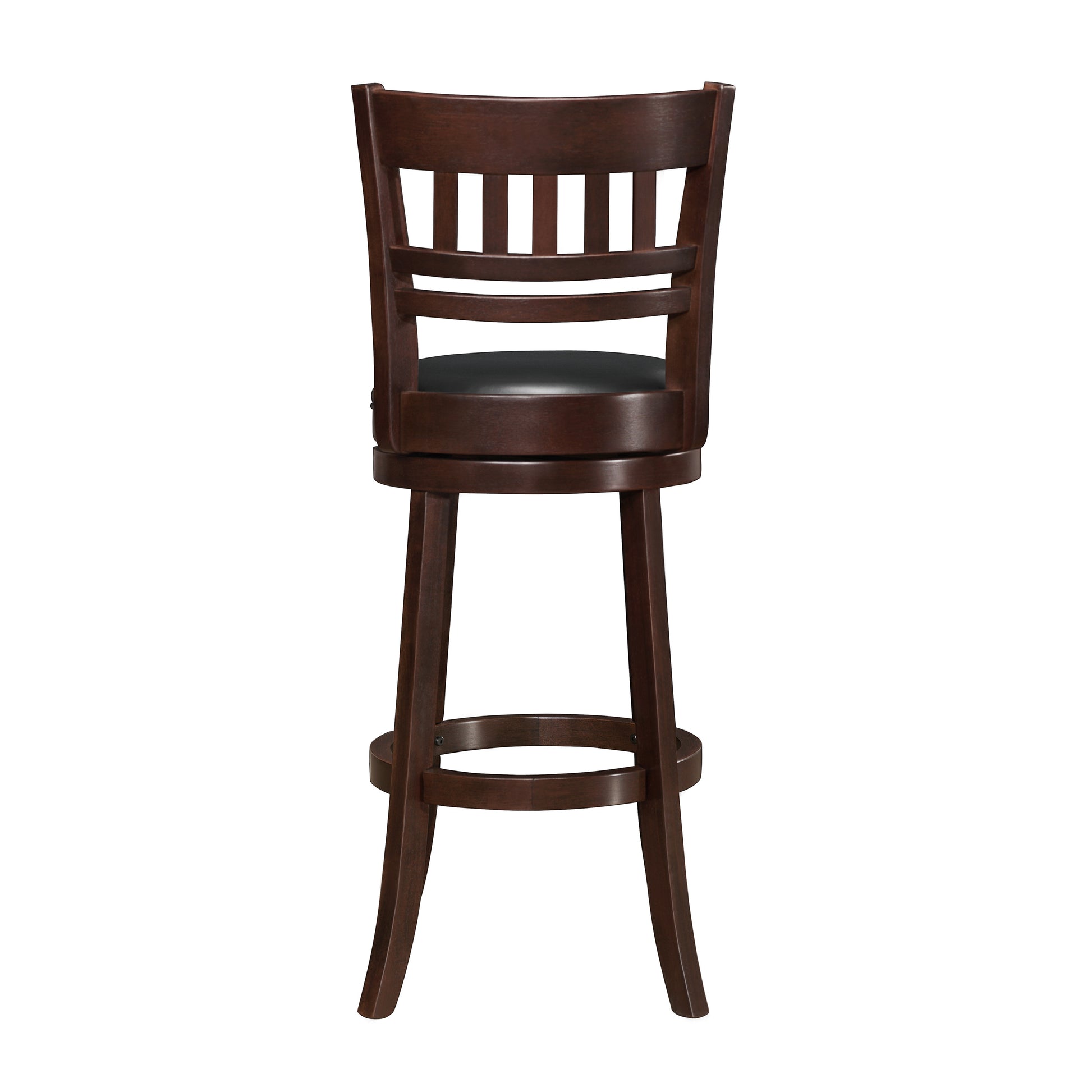 Dark brown wooden swivel bar stool with black vinyl seat and slatted back