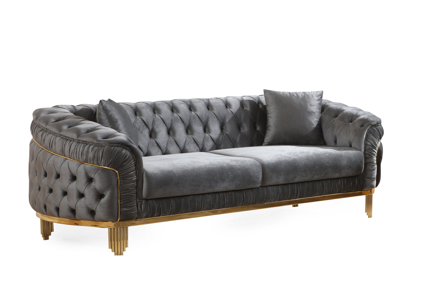 Luxury grey velvet chesterfield sofa with gold accents and button tufting