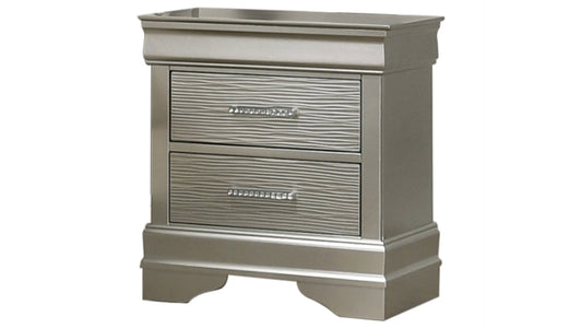 Elegant silver twodrawer nightstand with textured drawer fronts and crystal knobs
